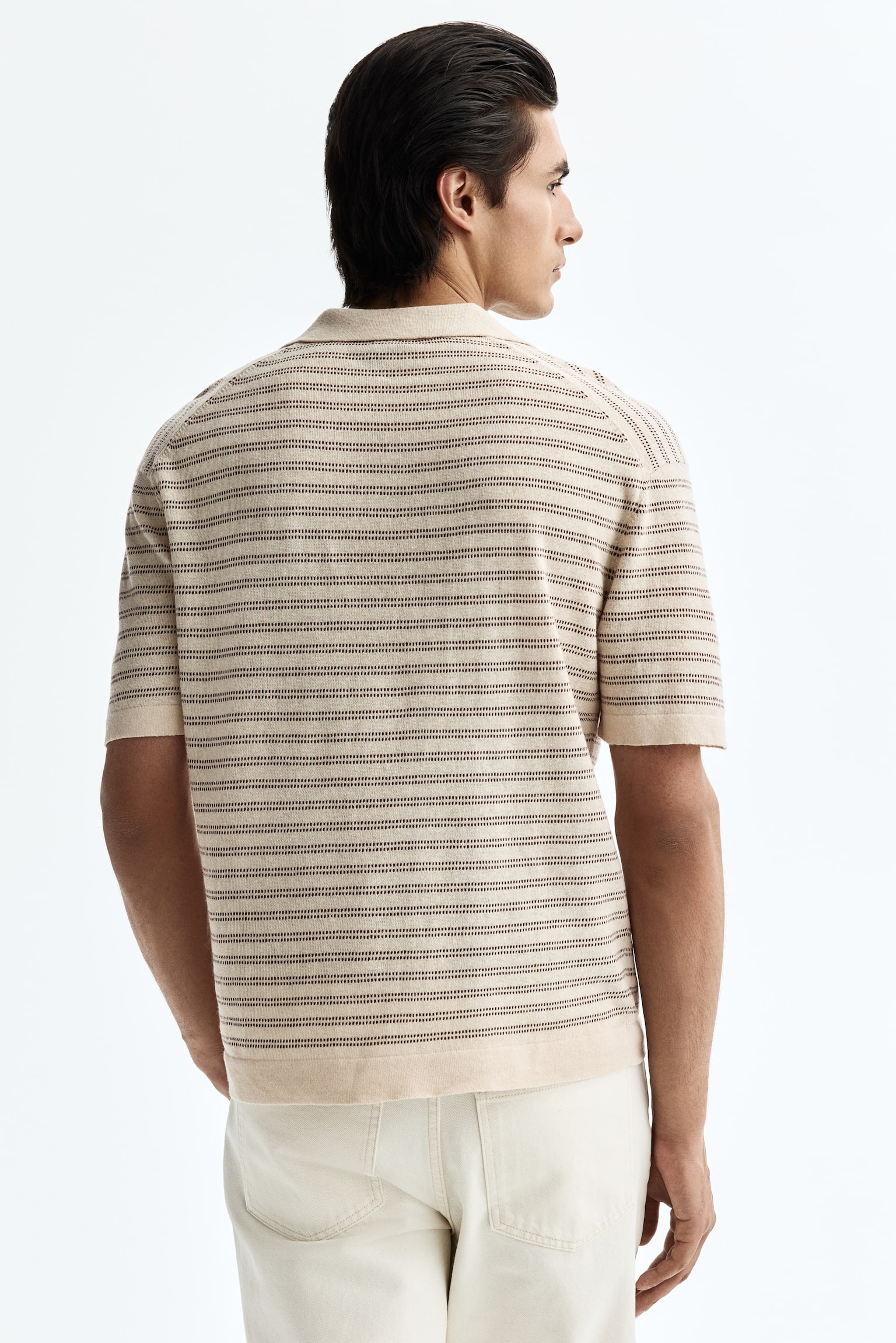 Regular Fit Linen-blend polo shirt - Beige/Striped/Black/Striped/Dark khaki green/Striped/Brown/Striped - 3