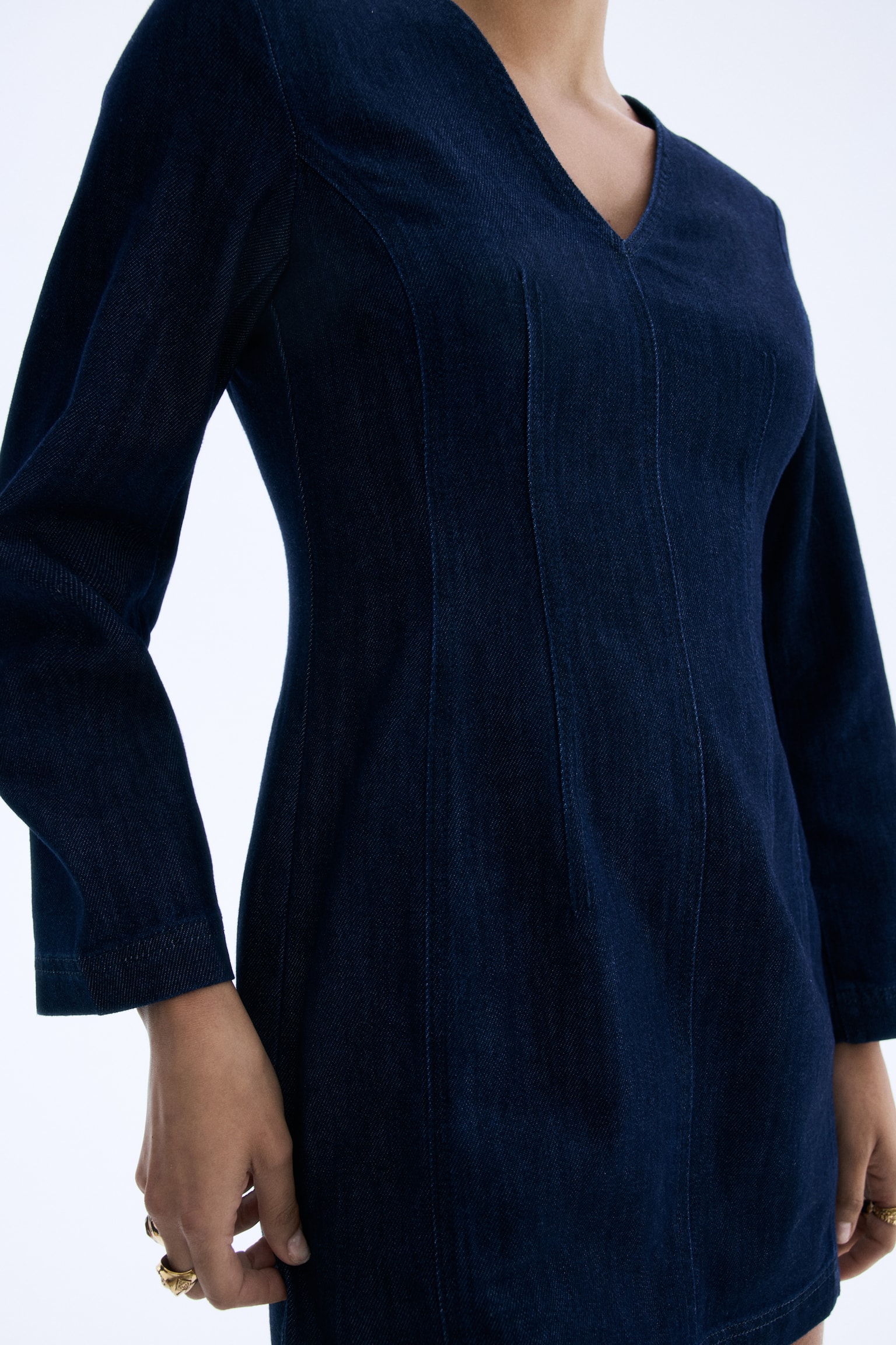 Robe à encolure en V en denim - Bleu denim foncé - 3