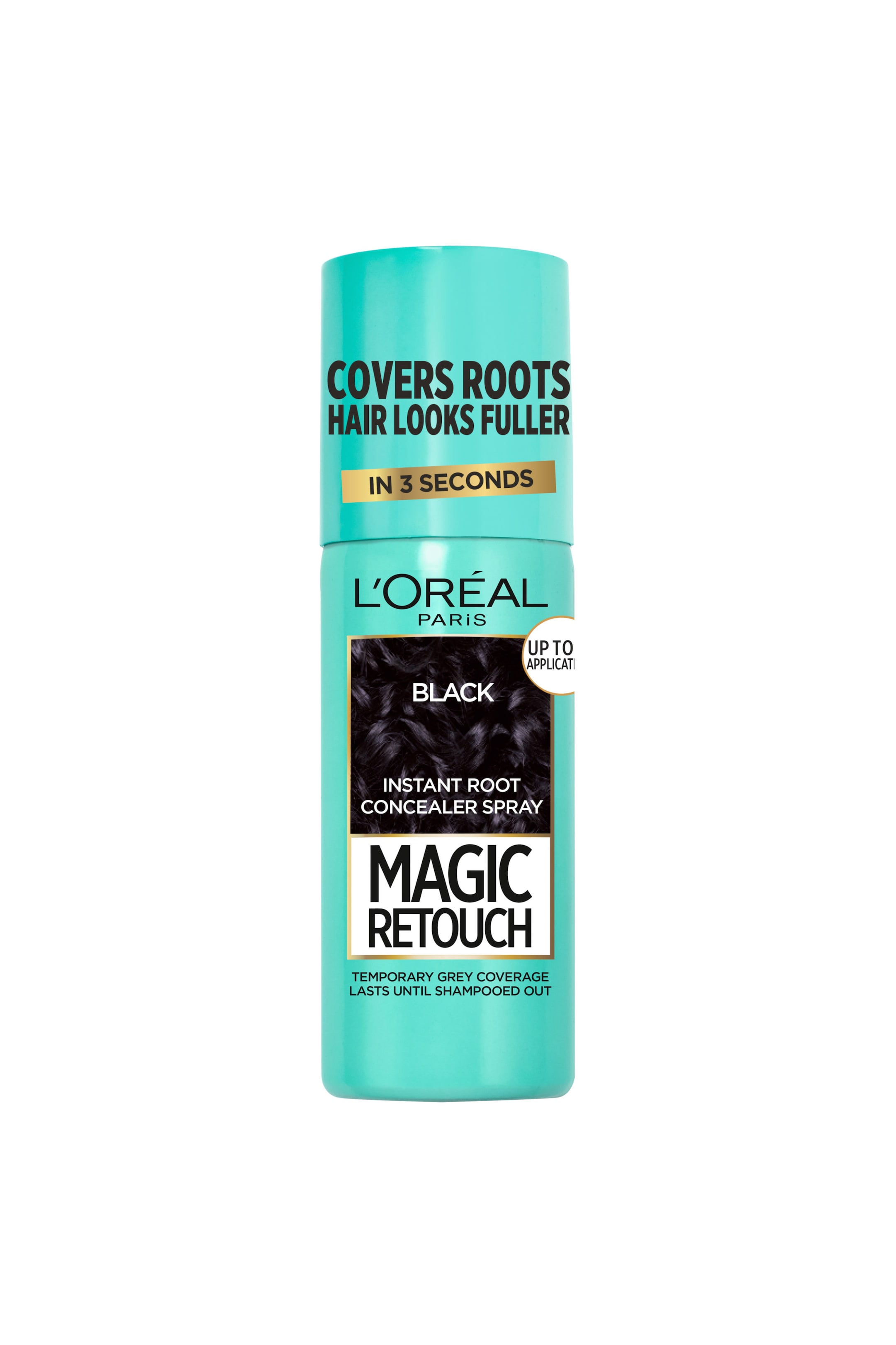 Visa större bild: En turkos cylindrisk sprayburk med L'Oréal Paris Magic Retouch Instant Root Concealer Spray står upprätt och riktad rakt framåt. Förpackningen visar svart och gyllene text på korken och kroppen, med en central etikett som har en texturerad svart hårslinga för att ange nyansen "Black".