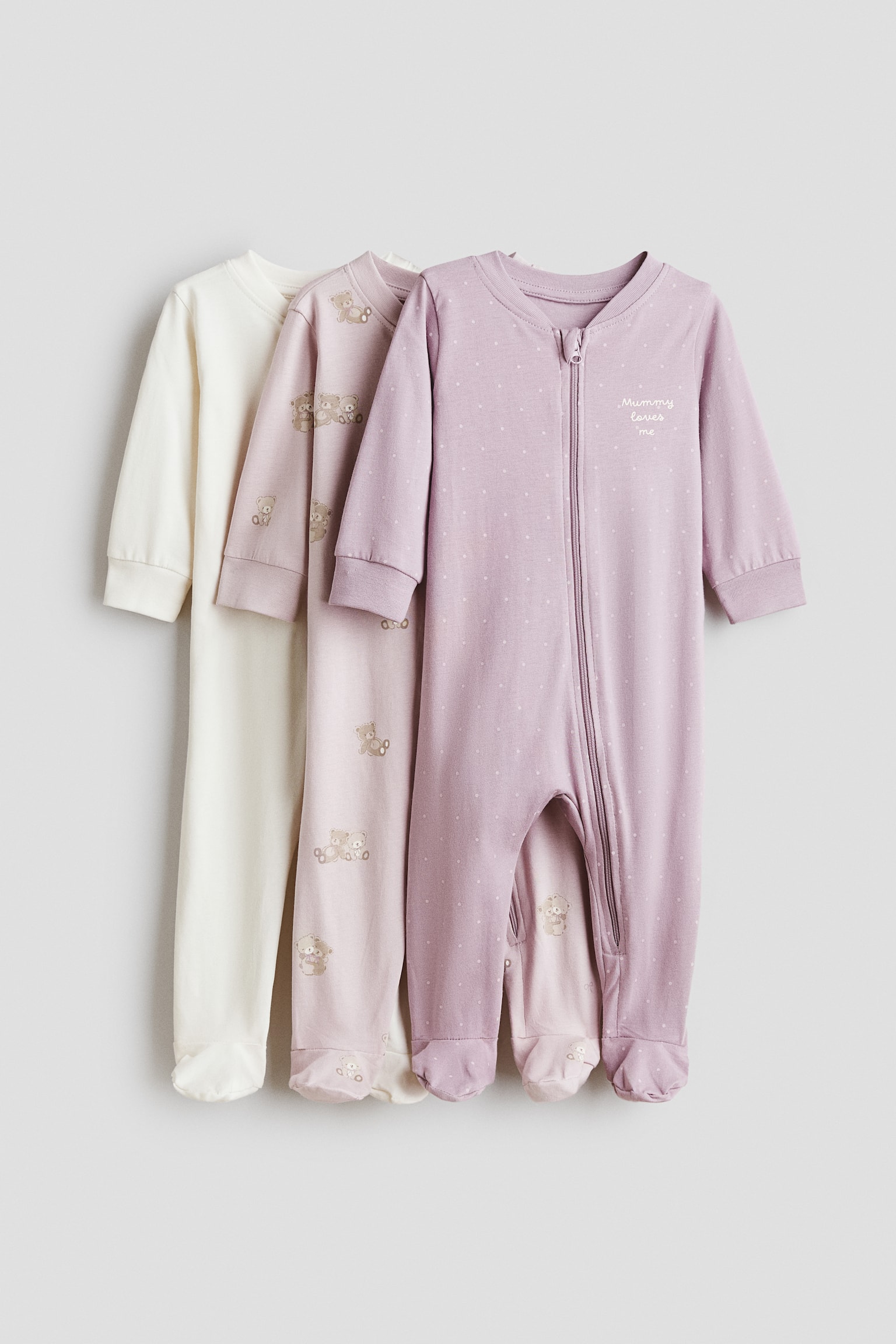 3-pack pyjamasoverall i bomull - Lys lilla/Mummy Loves Me/Lys rosa/Skyer/Tåkerosa/Blomstret