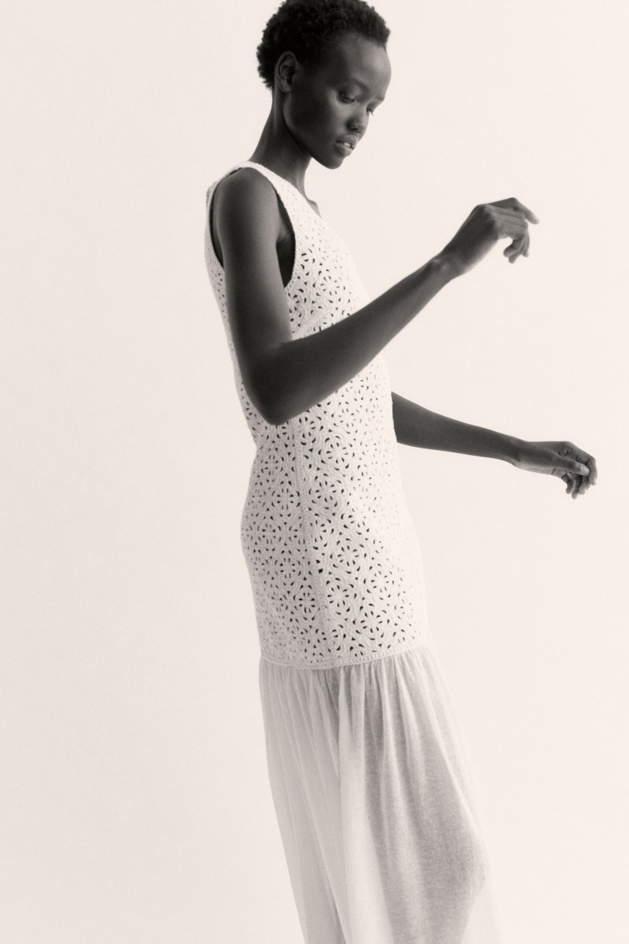h and m crochet dress Ladies - Light Beige Crochet-Look Dress with Flared Skirt - Size: S