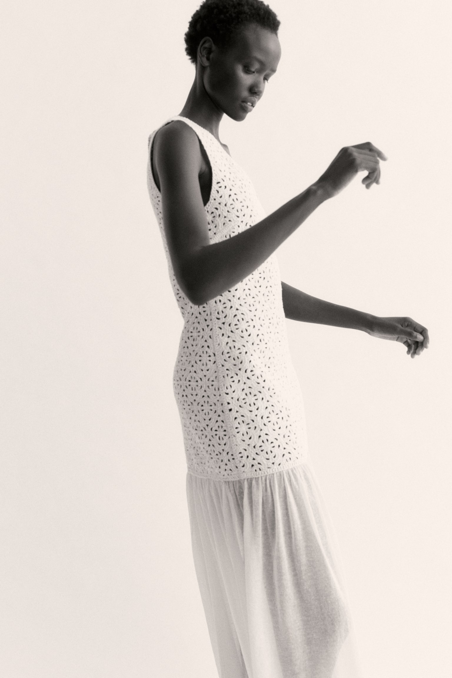 Crochet-look flared-skirt dress - Light beige - 1