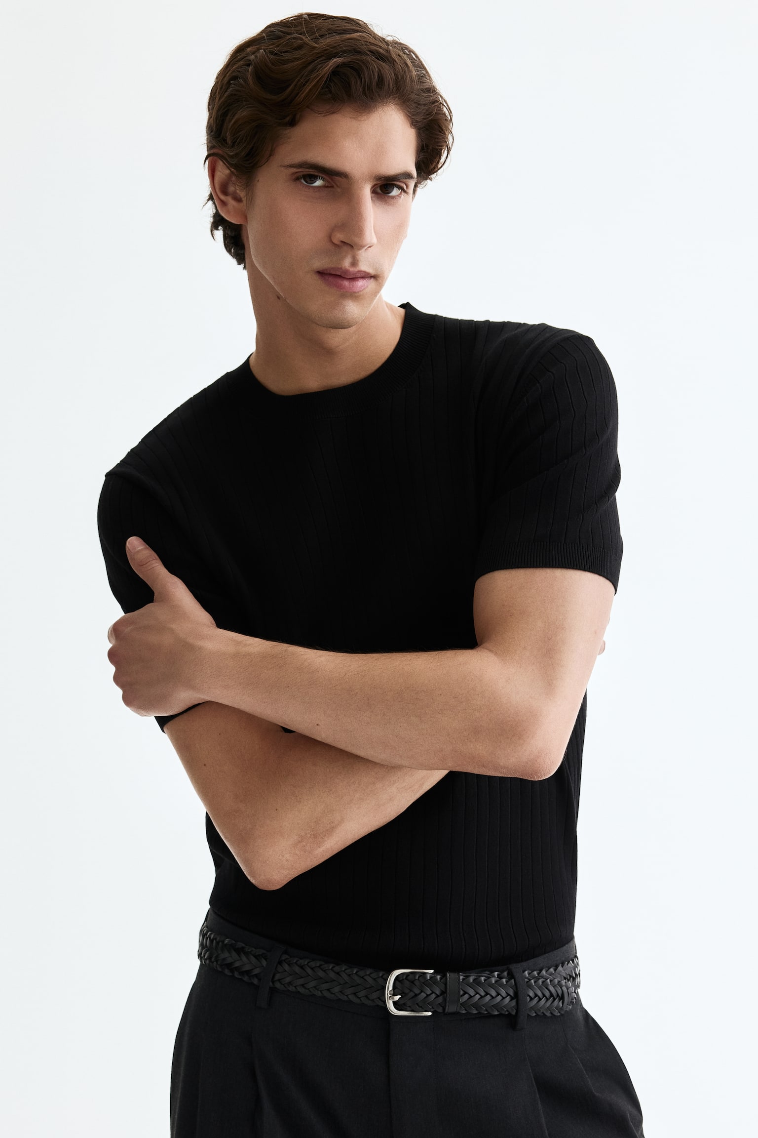 Slim Fit Knitted T-shirt - Black/Cream - 6