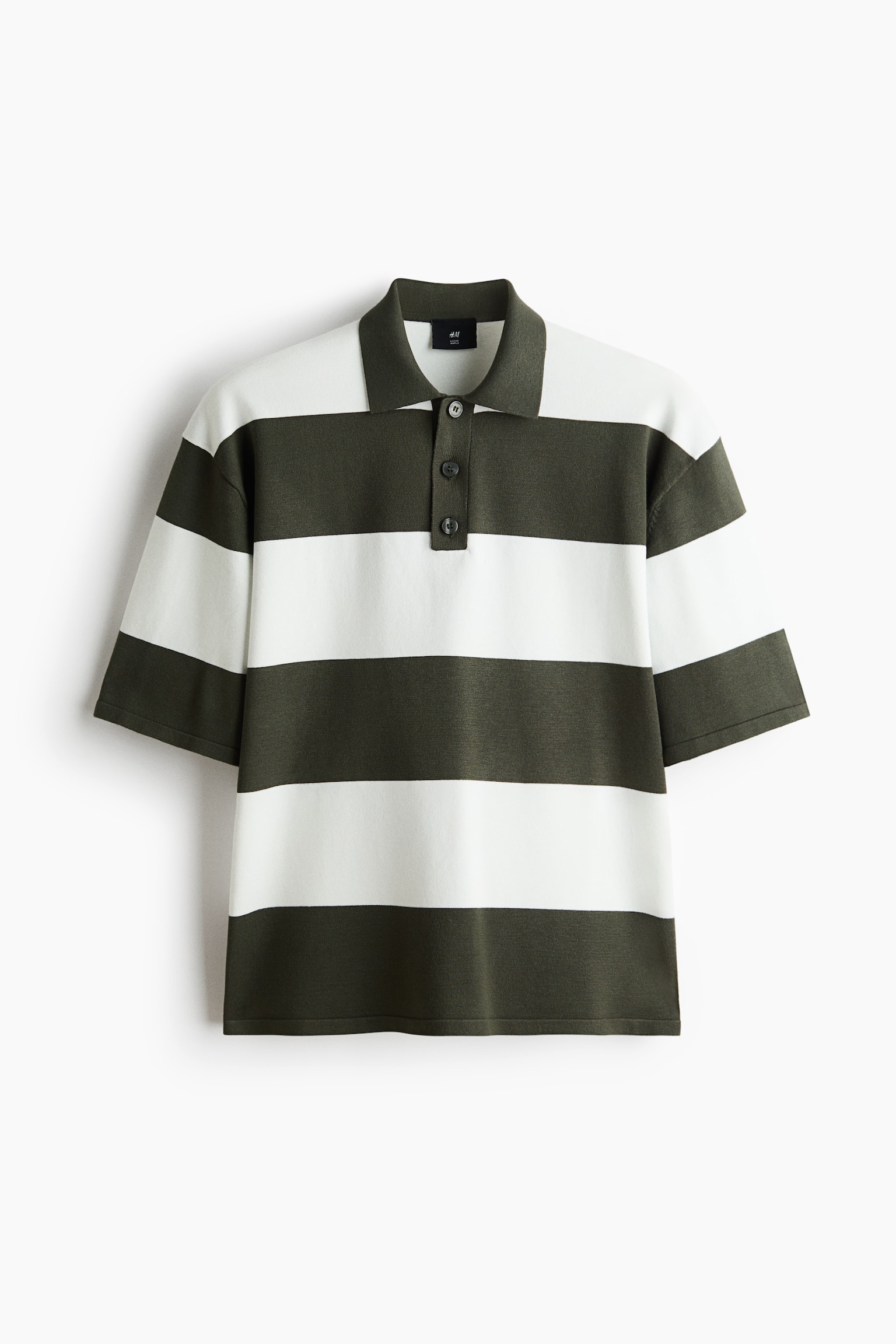 Мужское поло H&M Loose-Fit Fine-Knit Polo Shirt, цвет: Кремовый / Зелёный полосатый — фото 1