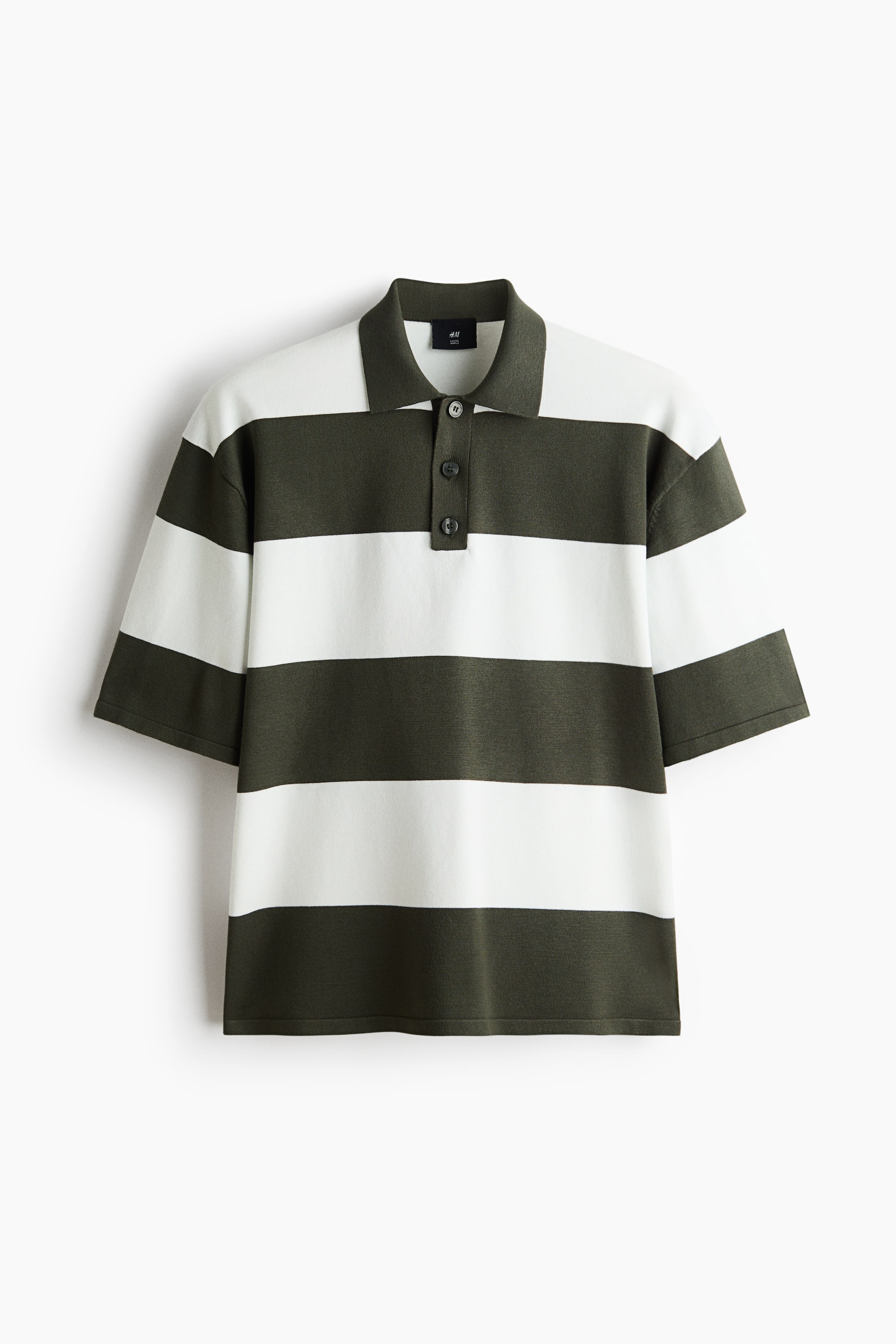 View larger image: This front-facing polo shirt showcases alternating horizontal stripes in white and dark olive green. It is crafted with a dark olive green pointed collar, a three-button placket featuring dark buttons, and short sleeves.