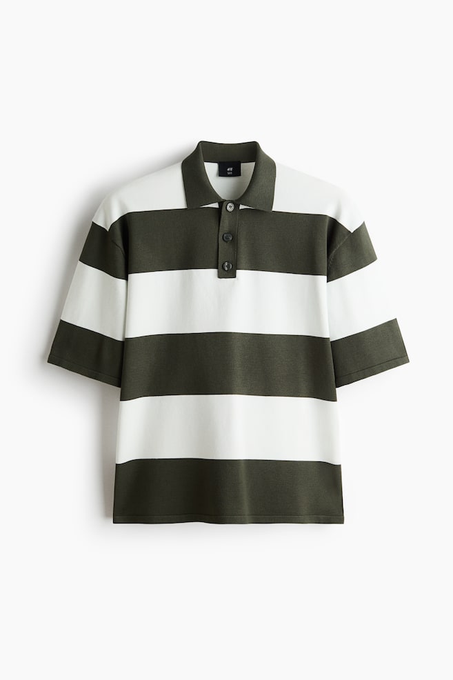 Loose-Fit Fine-Knit Polo Shirt - Cream/dark green striped/Light blue/navy blue striped - 1