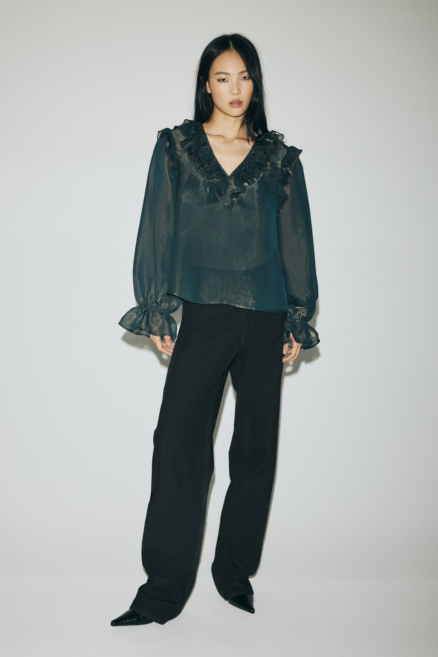 Frill-trimmed blouse - Σκούρο λαδί - 6