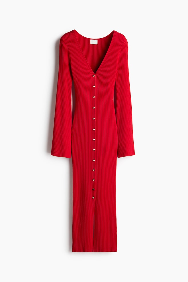 Rib-knit button-front dress - Red - 1