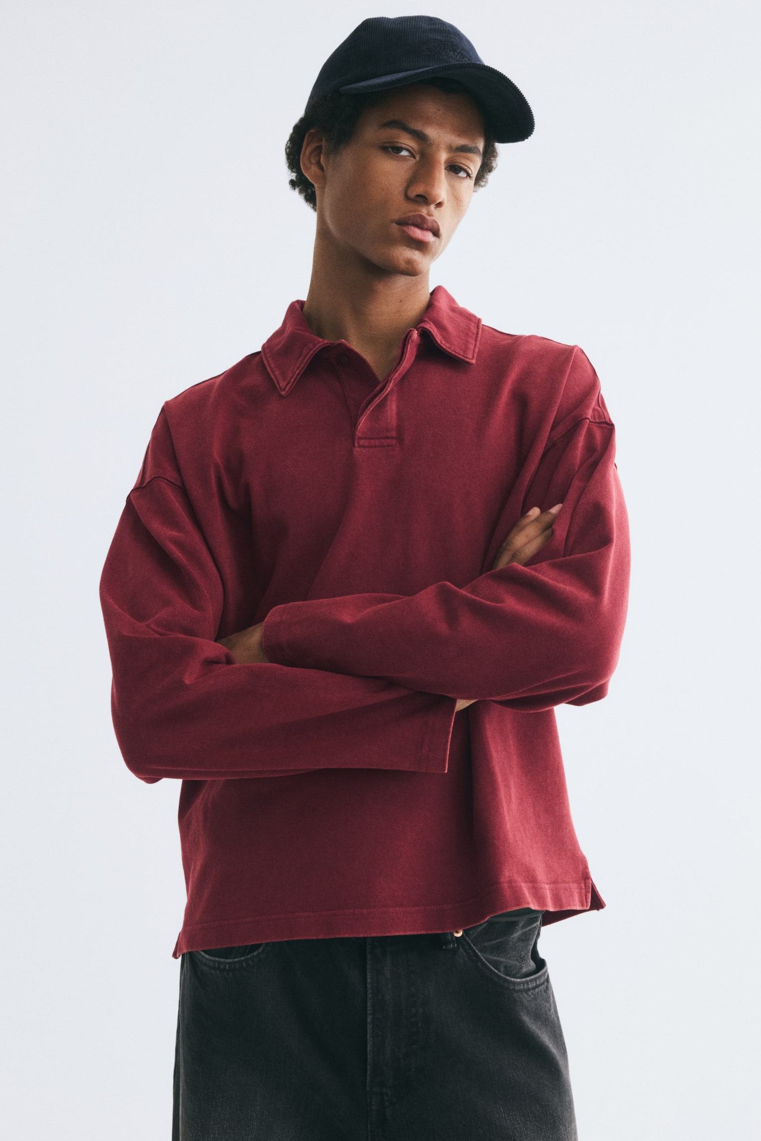 Oversized Long-Sleeved Polo Shirt - Burgundy/Navy blue - 1