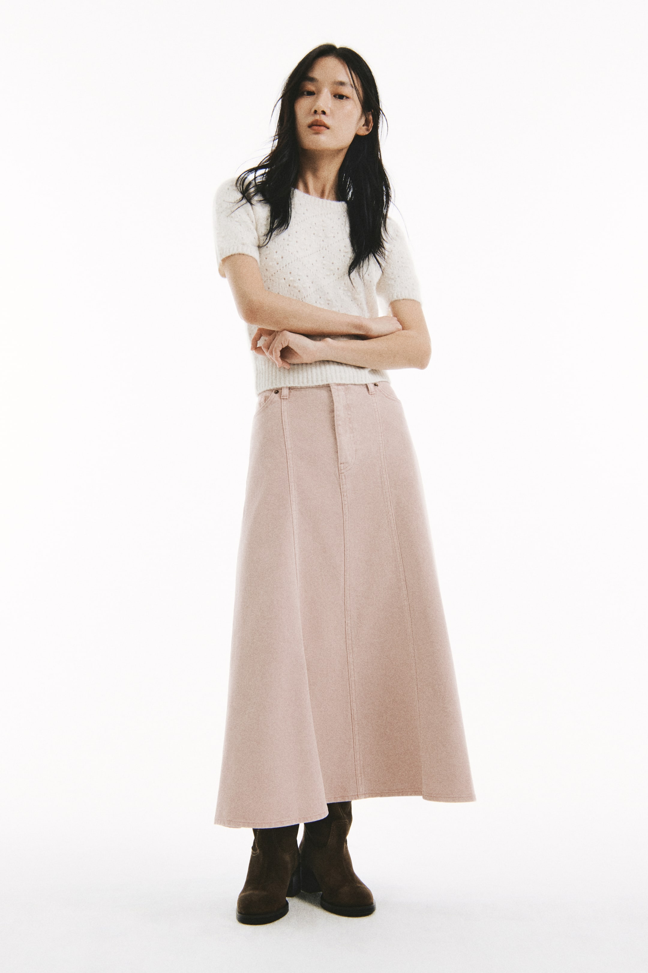 Xem ảnh lớn hơn: Chân váy xoè vải dệt chéo - Màu hồng phấn - Ladies | H&M VN 1