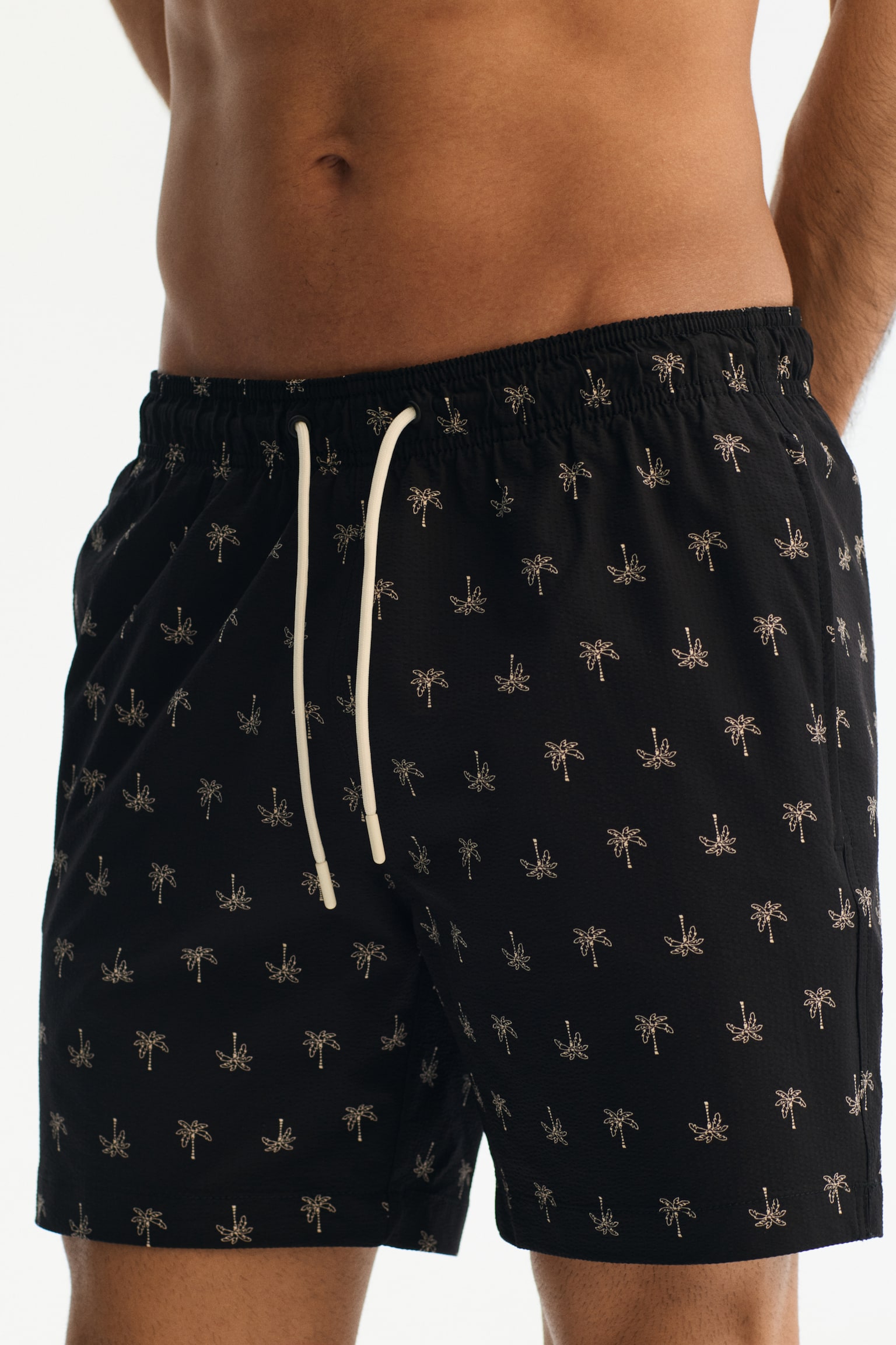 Seersucker swim shorts - Black/Light yellow/Palm trees/Navy blue/Palm trees - 3