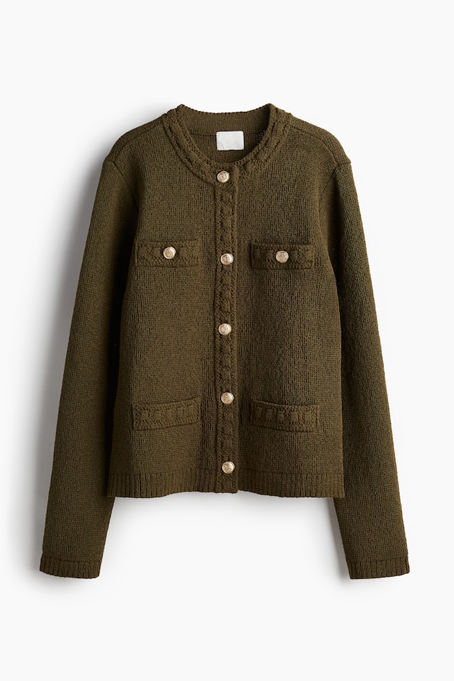 Textured-knit cardigan - Dark khaki green/Black - 1