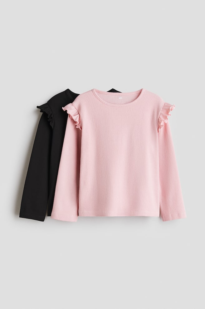 2-pack frill-trimmed jersey tops - Black/Light pink/Dusty purple/White/Light beige marl/Hot pink - 1