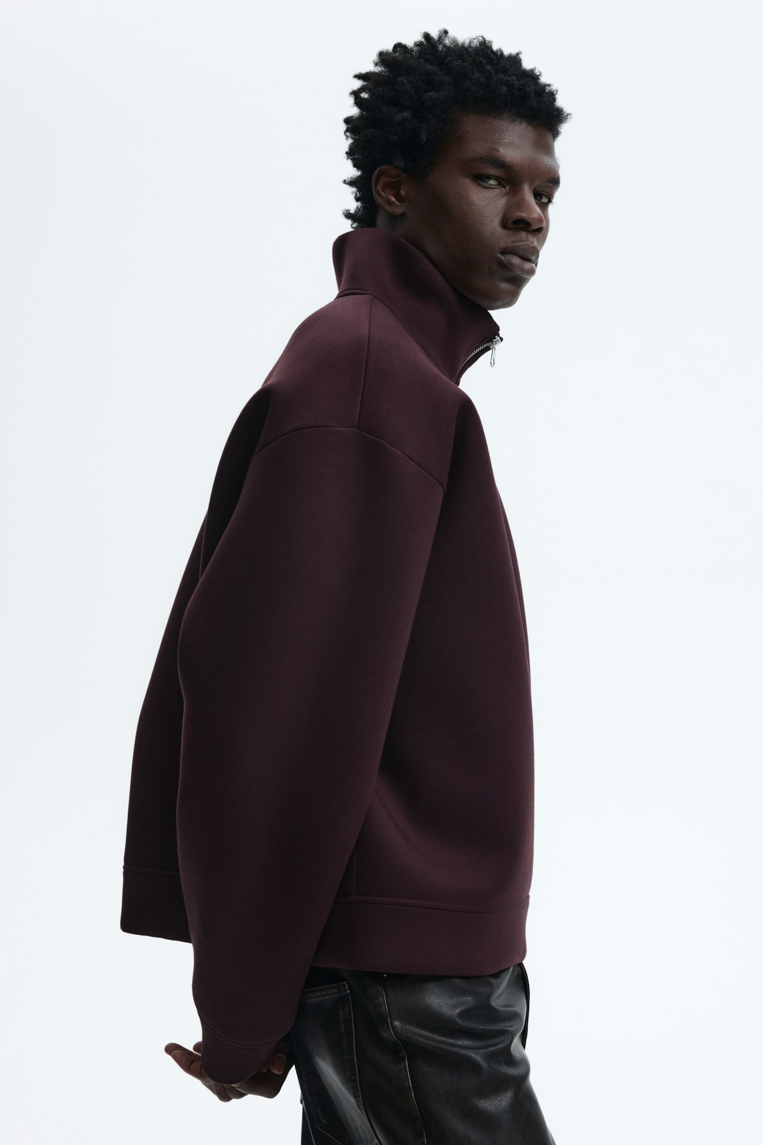 Loose Fit Zip-top scuba sweatshirt - Burgundy/Black - 3