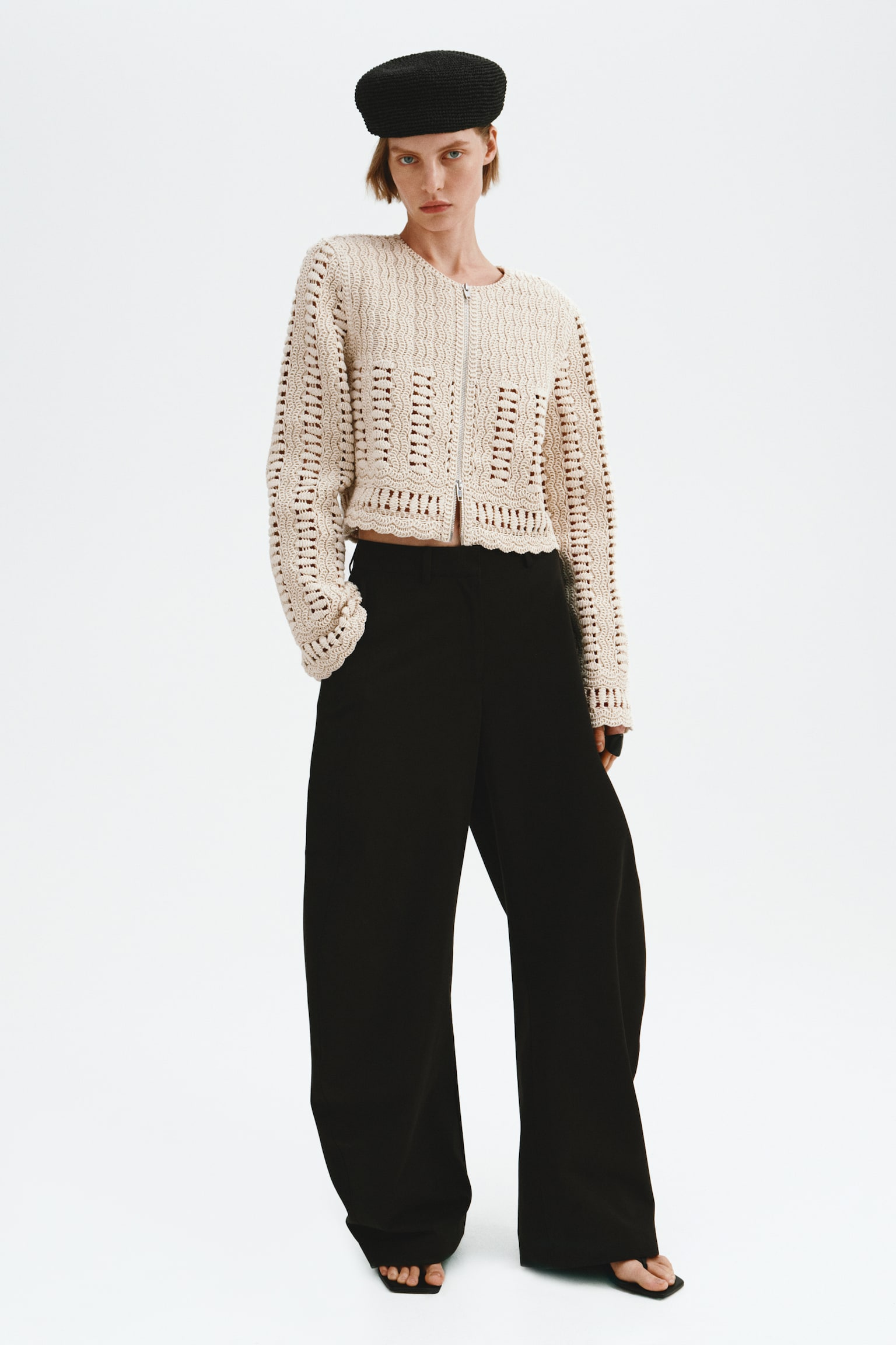 Crochet-look cotton jacket - Cream - 1