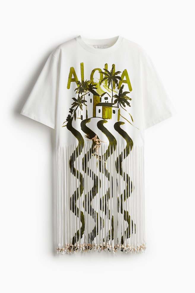 Vestido camiseta con flecos - Blanco/Aloha - 1