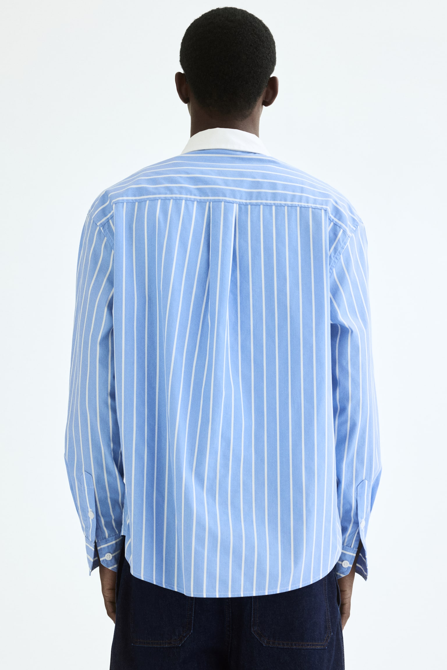 Мужская рубашка H&M Relaxed-Fit Embroidered-Motif Cotton, цвет: Светлый синий / Полосатый — фото 5