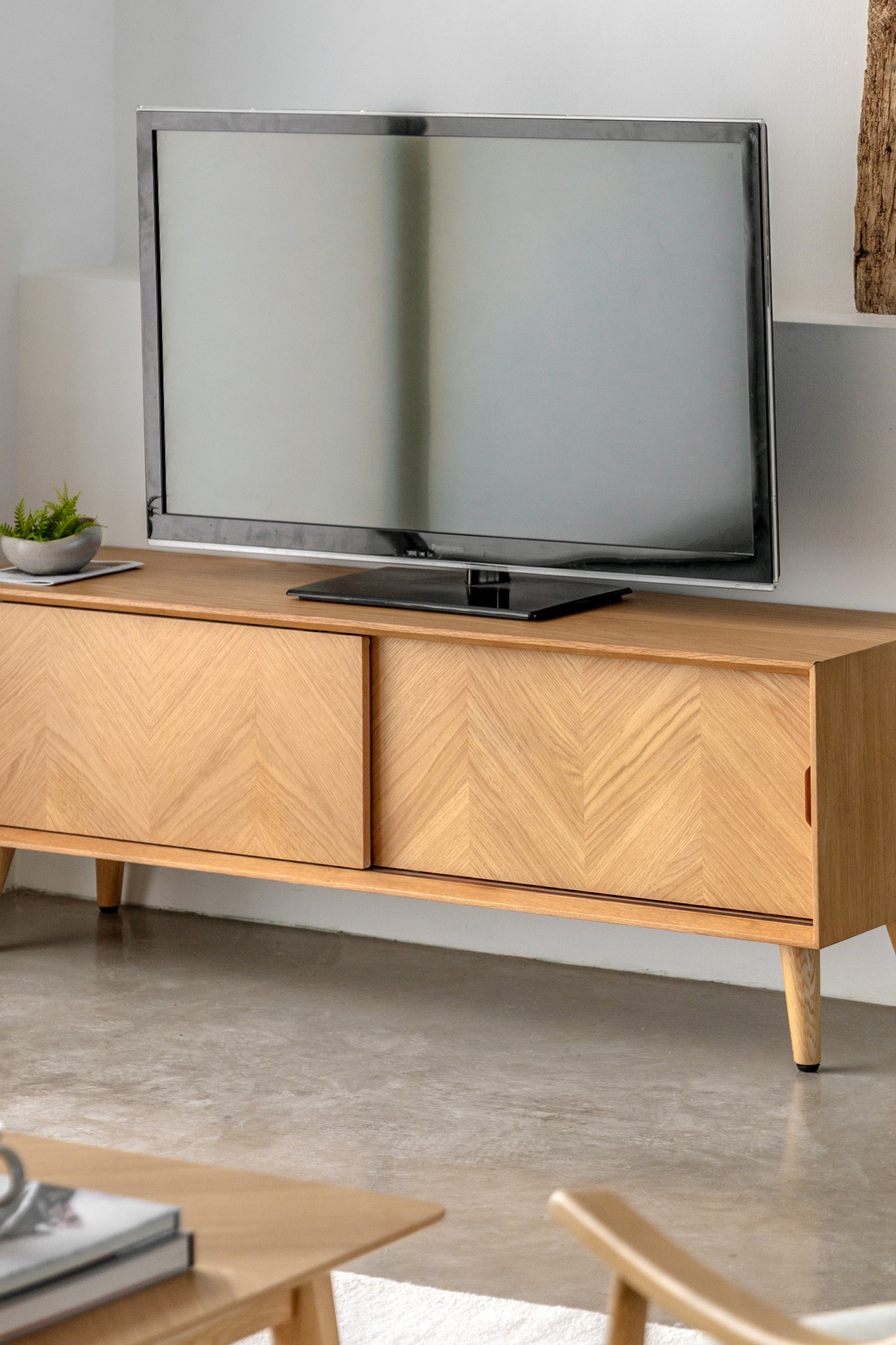 Sliding Door Wooden Media Unit - Light Wood