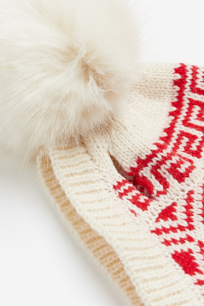 Rib-knit pompom dog hat - Red/Patterned - 4