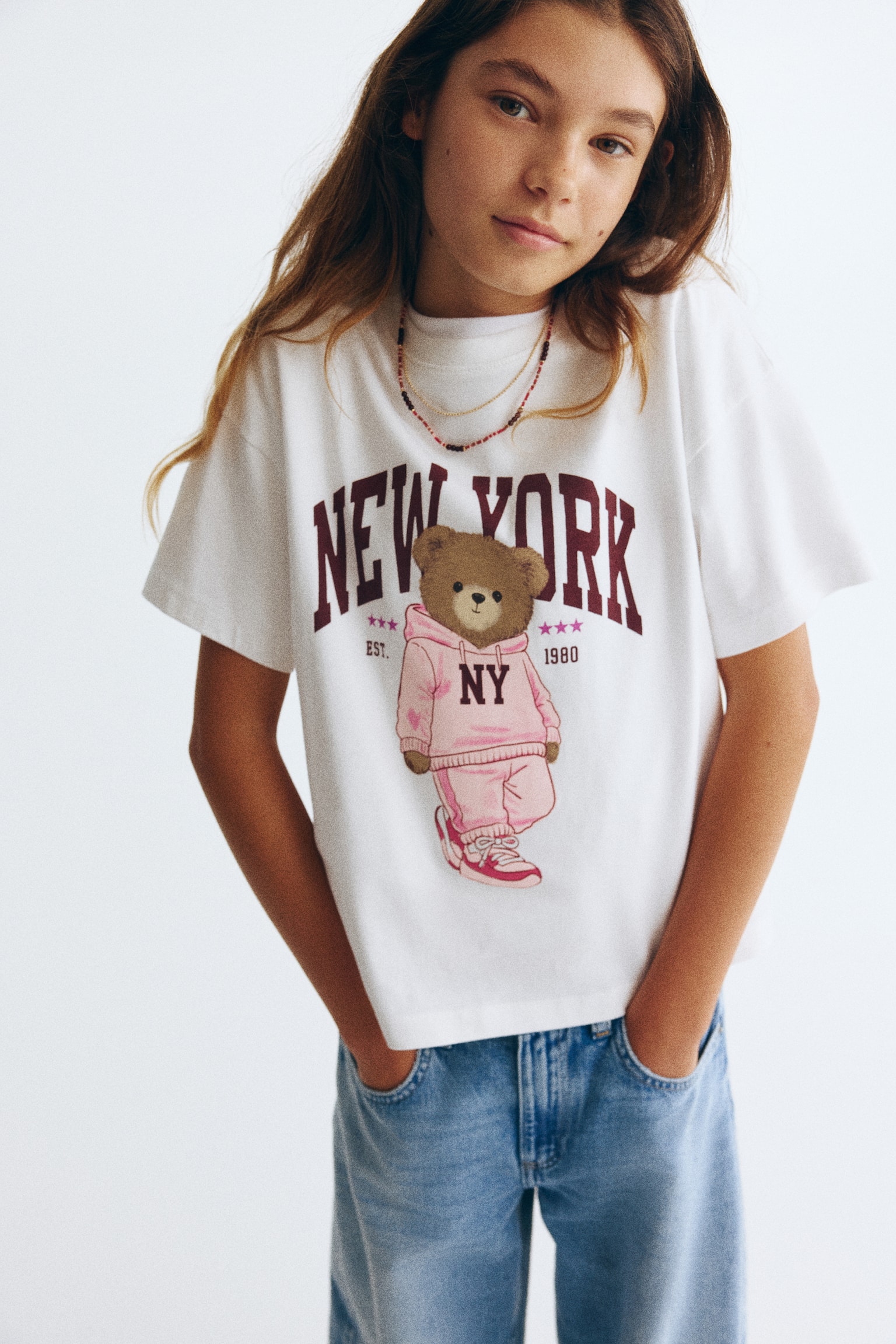 T-shirt i bomull med tryck - Vit/Nallebjörn/Ljusgråmelerad/Paris/Rosa/Salty ocean/Ljusrosa/Körsbär/Marinblå/New York/Ljusturkos/Ibiza beach - 1