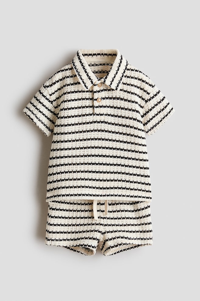 Set 2 pezzi in maglia di cotone traforata - Crema/nero righe - 1