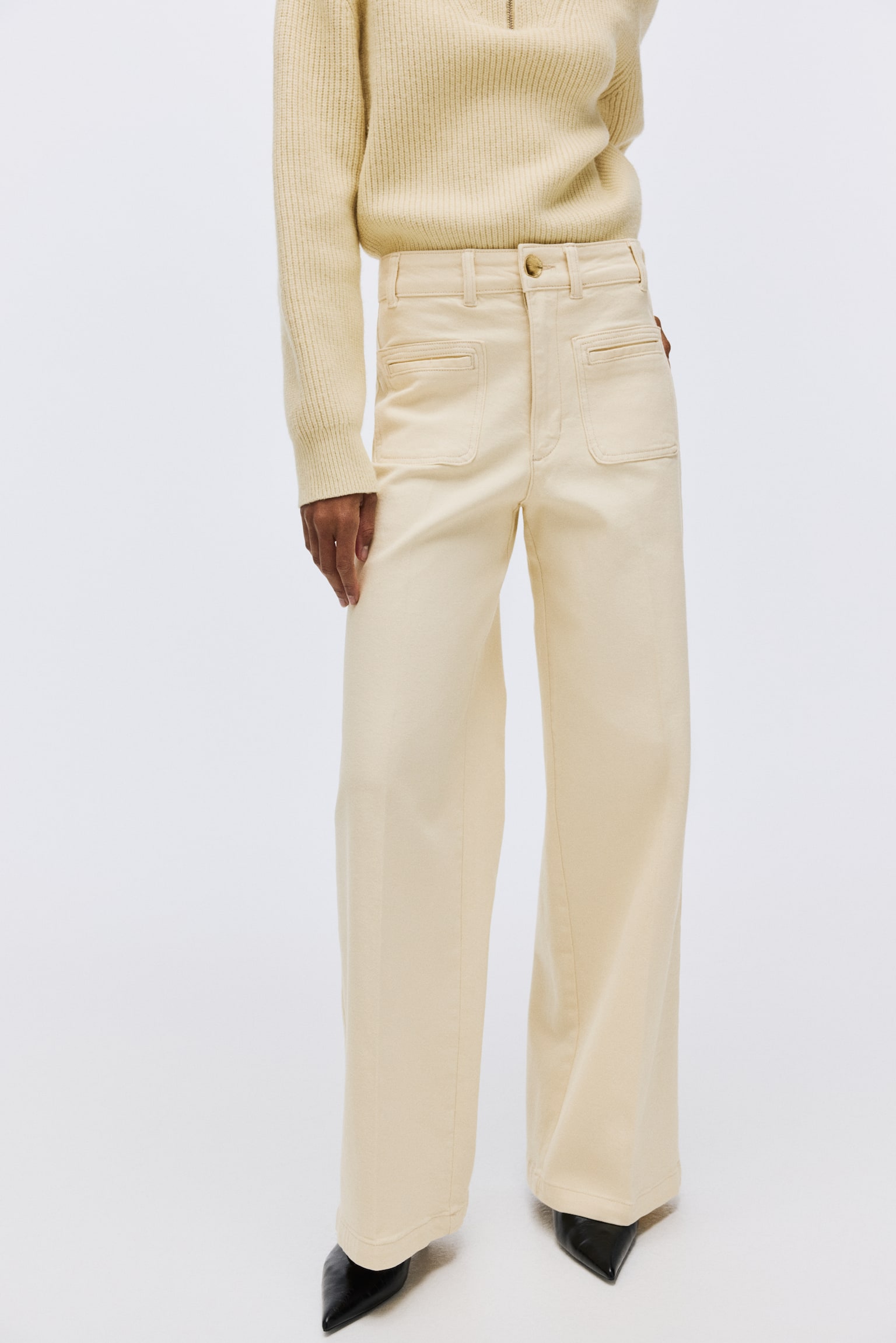 寬鬆高腰牛仔褲 - 淡黃色/丹寧藍/深丹寧藍/白色 - 4