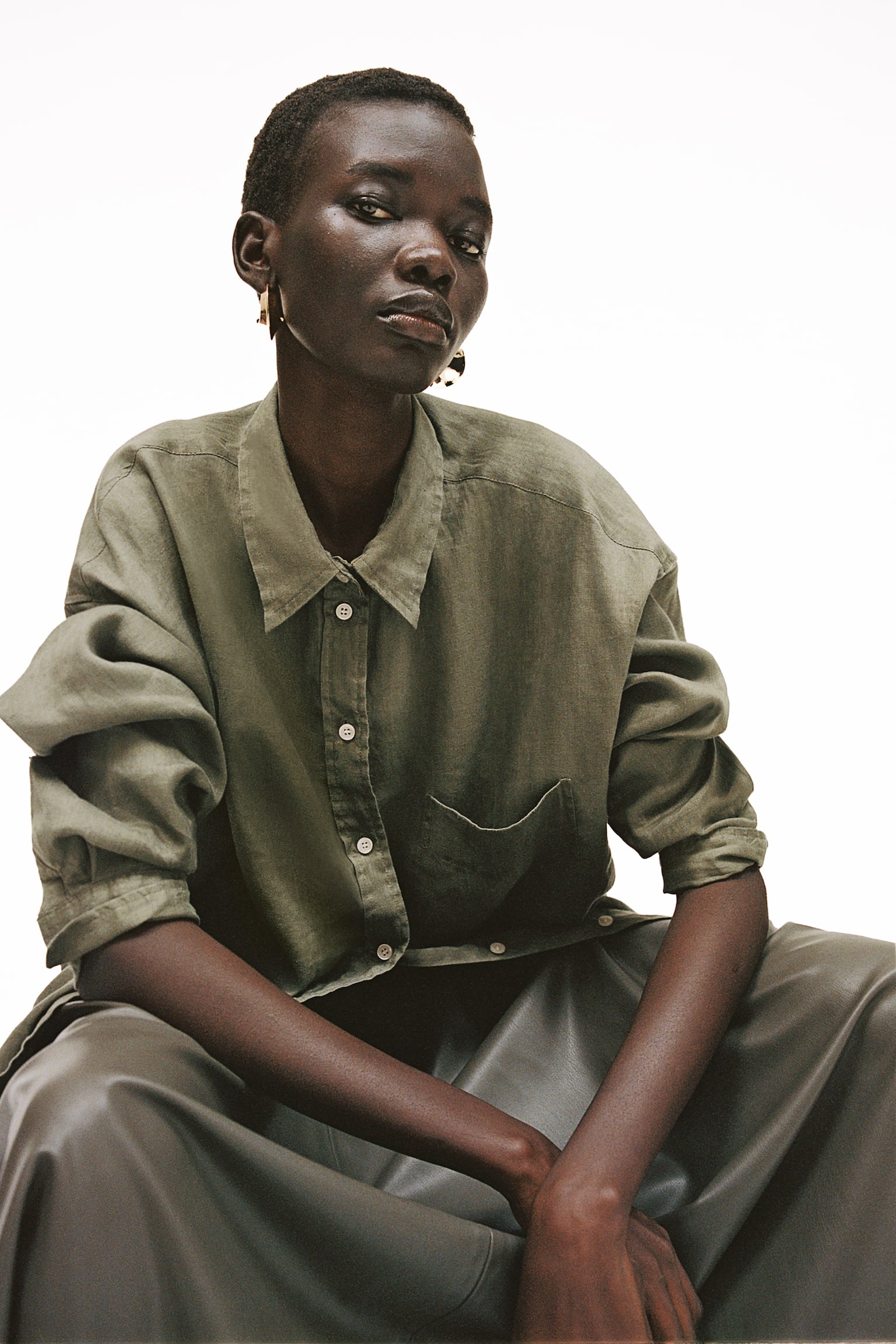 Oversized linen shirt - Dark khaki green/Black/White/Light pink - 4