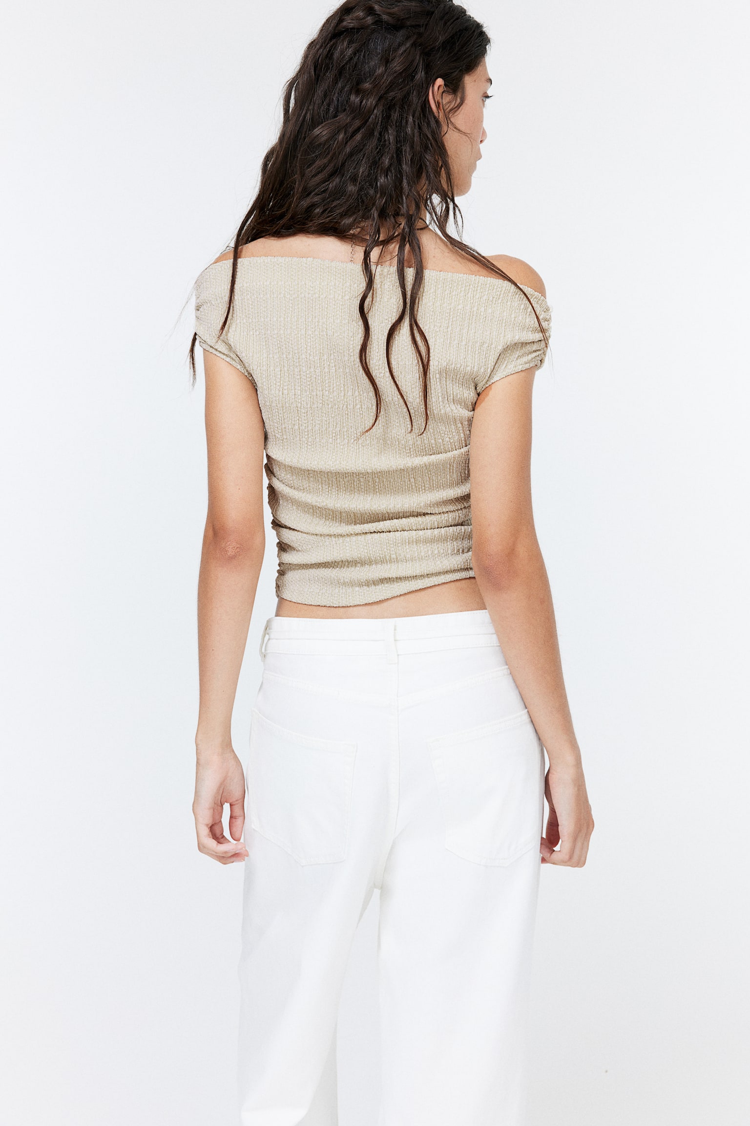 Crinkled Off The Shoulder Top - Light beige/Dark khaki green/Black - 7