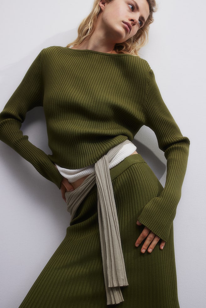 Rib-knit skirt - Dark khaki green/Cream/Striped - 1