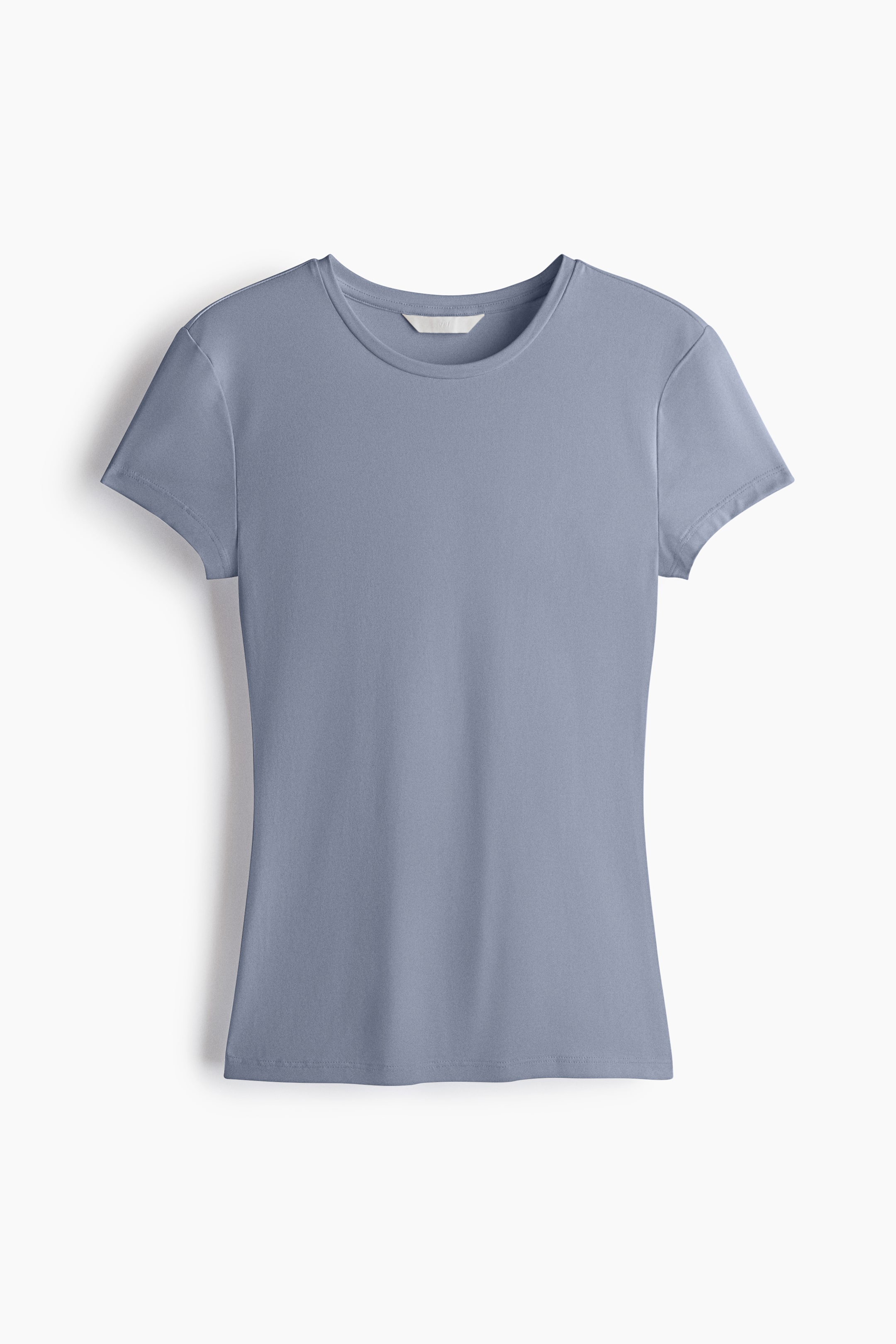 View larger image: A fitted microfibre tee is shown from the front, featuring a muted slate-blue color and a smooth texture. The tee has a narrow trim around the crew neckline, short sleeves, and a contoured silhouette.