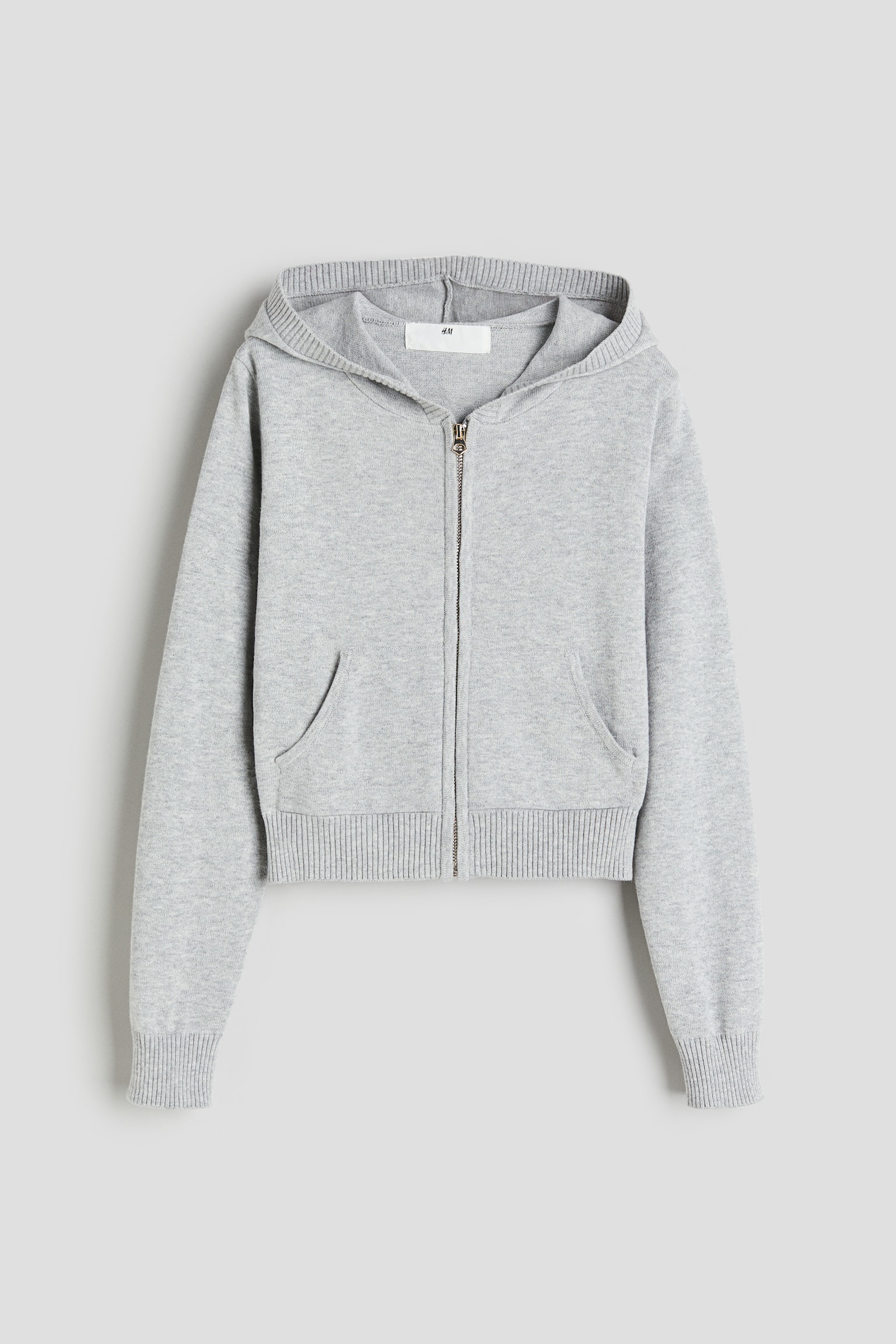 Knitted zip-through hoodie - Light grey marl/Light beige - 1