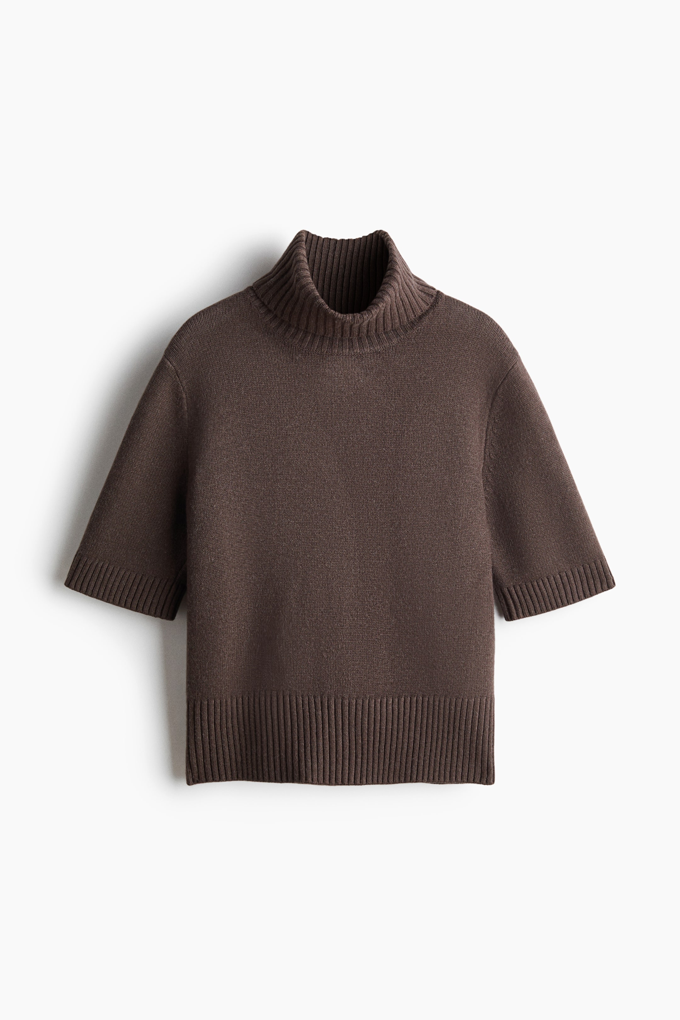 View larger image: A brown short-sleeved jumper features a ribbed roll neck and a smooth knit body. It has short sleeves with ribbed cuffs and a wide ribbed hem, shown from the front.