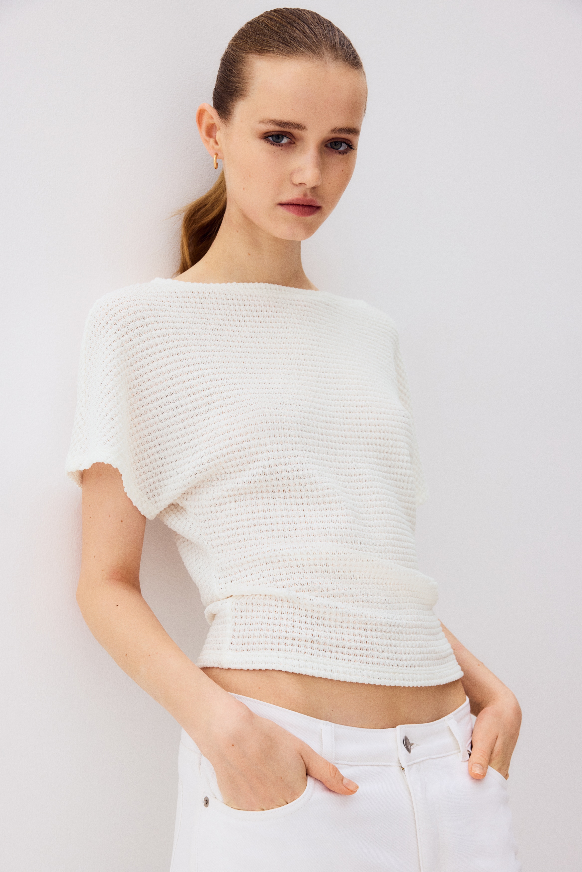 Batwing-sleeved jersey top - Λευκό/Μαύρο/Σκούρο λαδί