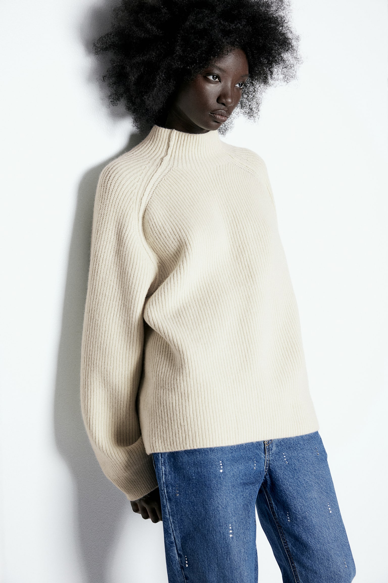 Rib-knit turtleneck jumper - Cream/Dark beige/Dark grey marl - 1