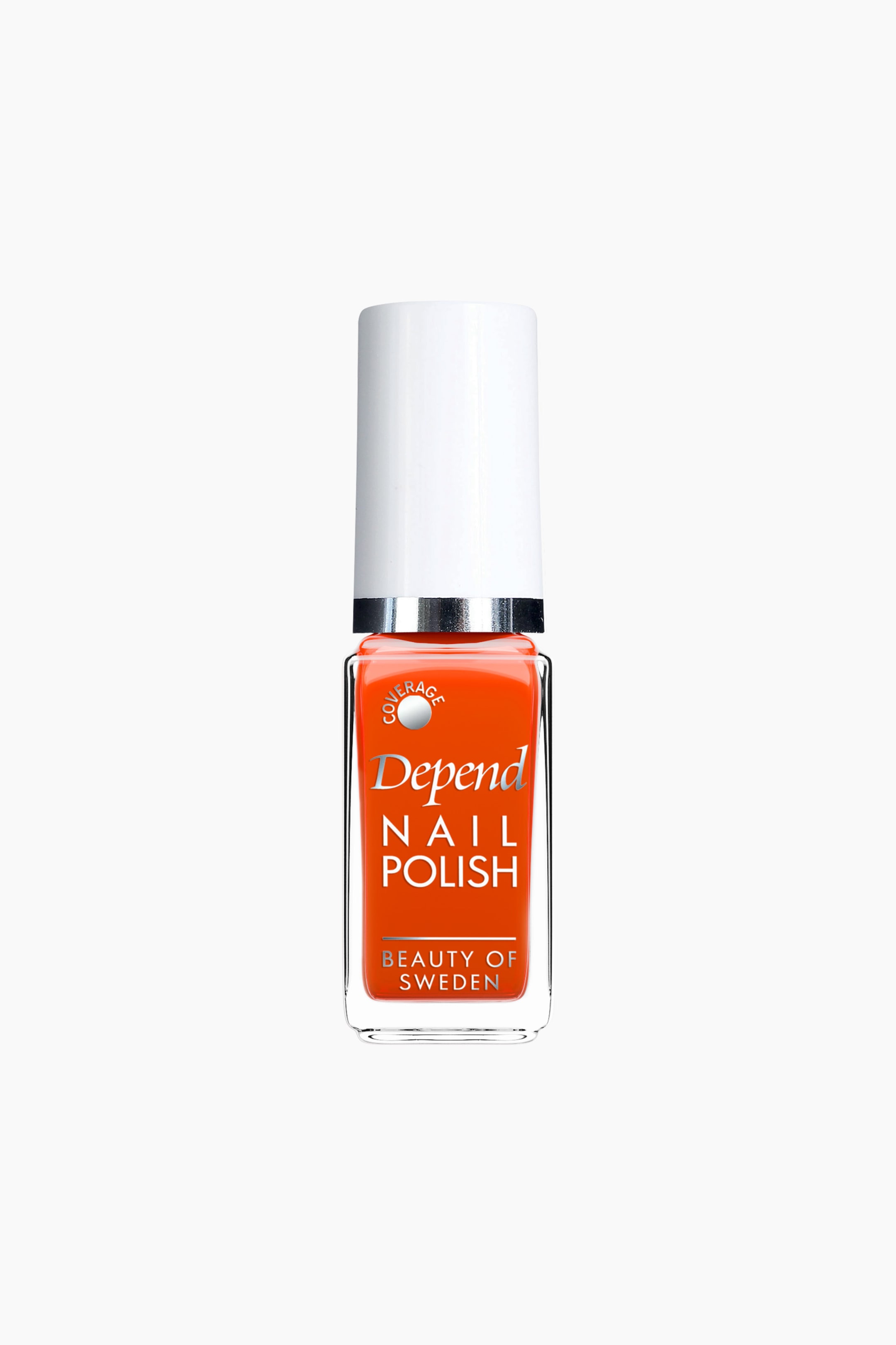 Se større billede: En rektangulær glasneglelakflaske vender fremad, med en lys orange lak og en hvid cylindrisk hætte over et sølvbånd. Dens forsideetiket viser "Depend NAIL POLISH" og "BEAUTY OF SWEDEN" i sølvbogstaver, med et lille cirkulært "COVERAGE" logo over mærkenavnet.