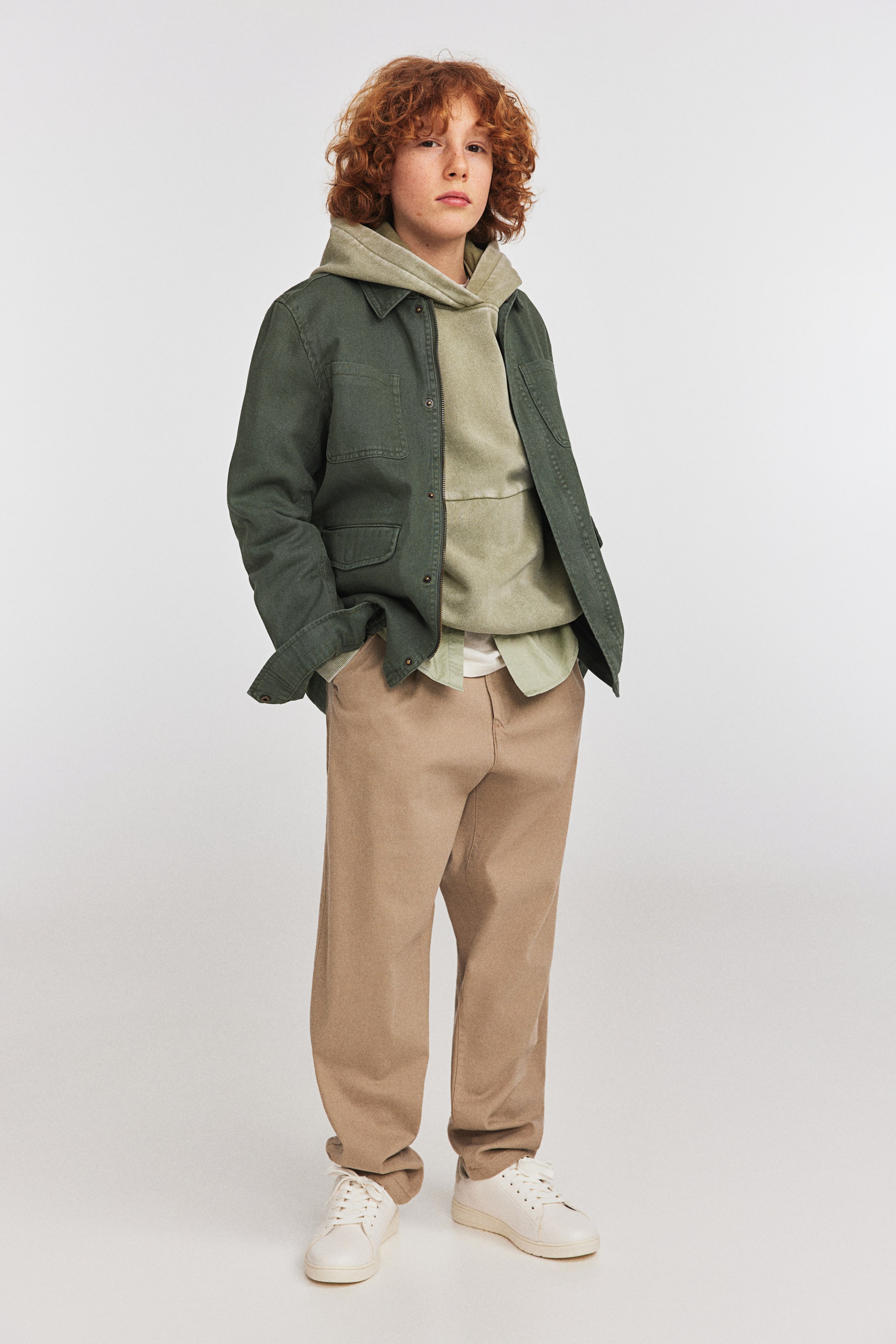 Cotton Twill Shacket - Long sleeve - Regular length - Khaki green ...