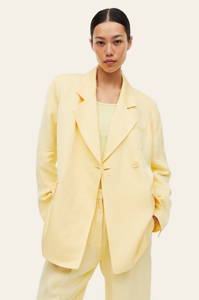 Double-breasted linen-blend blazer - Light yellow/White - 4