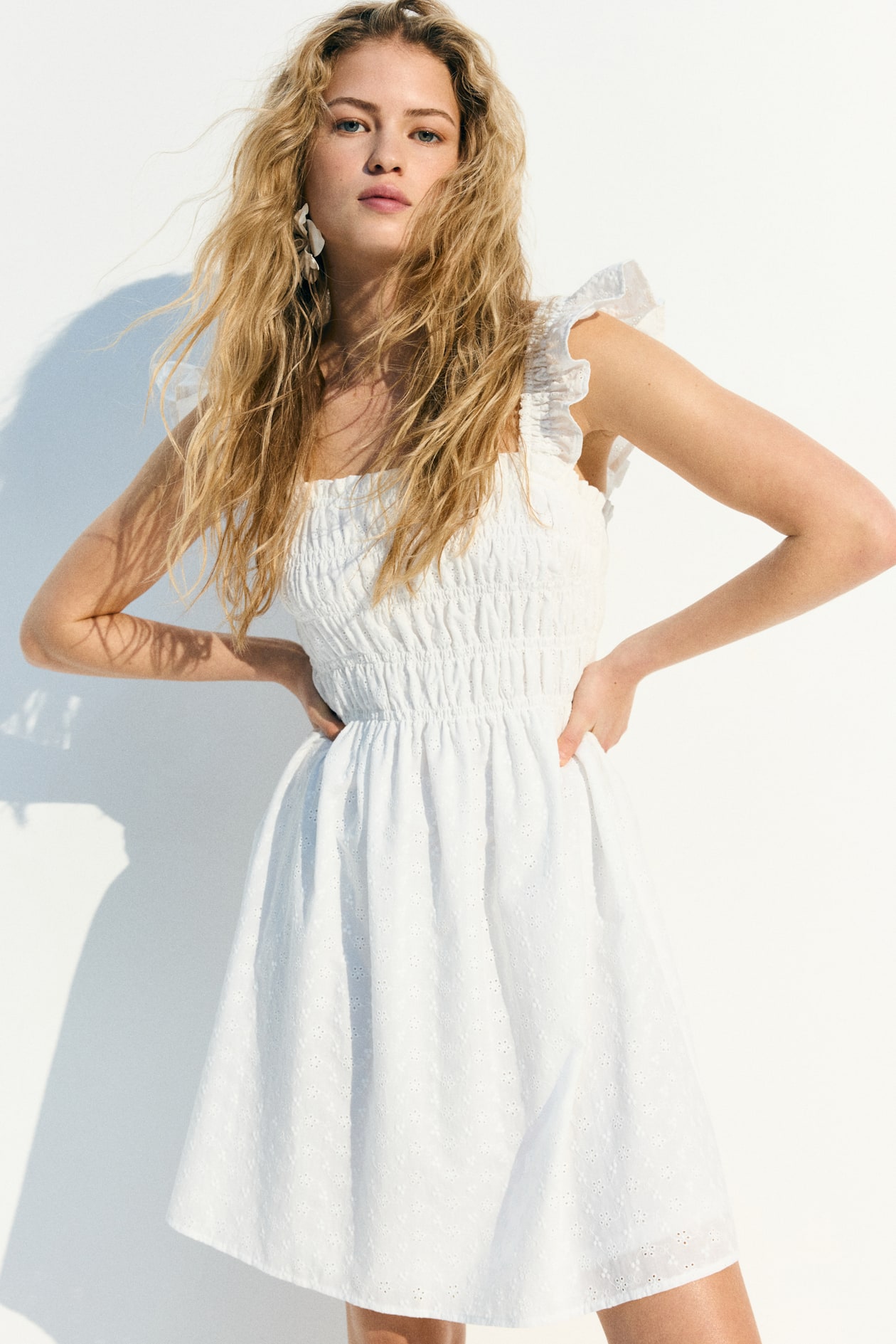 Smocked Dress with Eyelet Embroidery White Ladies H&M PH