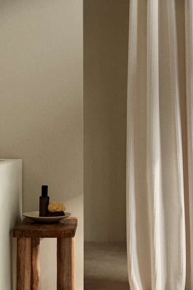 Tenda Doccia Boho In Tessuto Crema 183x183 Cm - Zigzag Trapuntato Con Nappe E Ganci