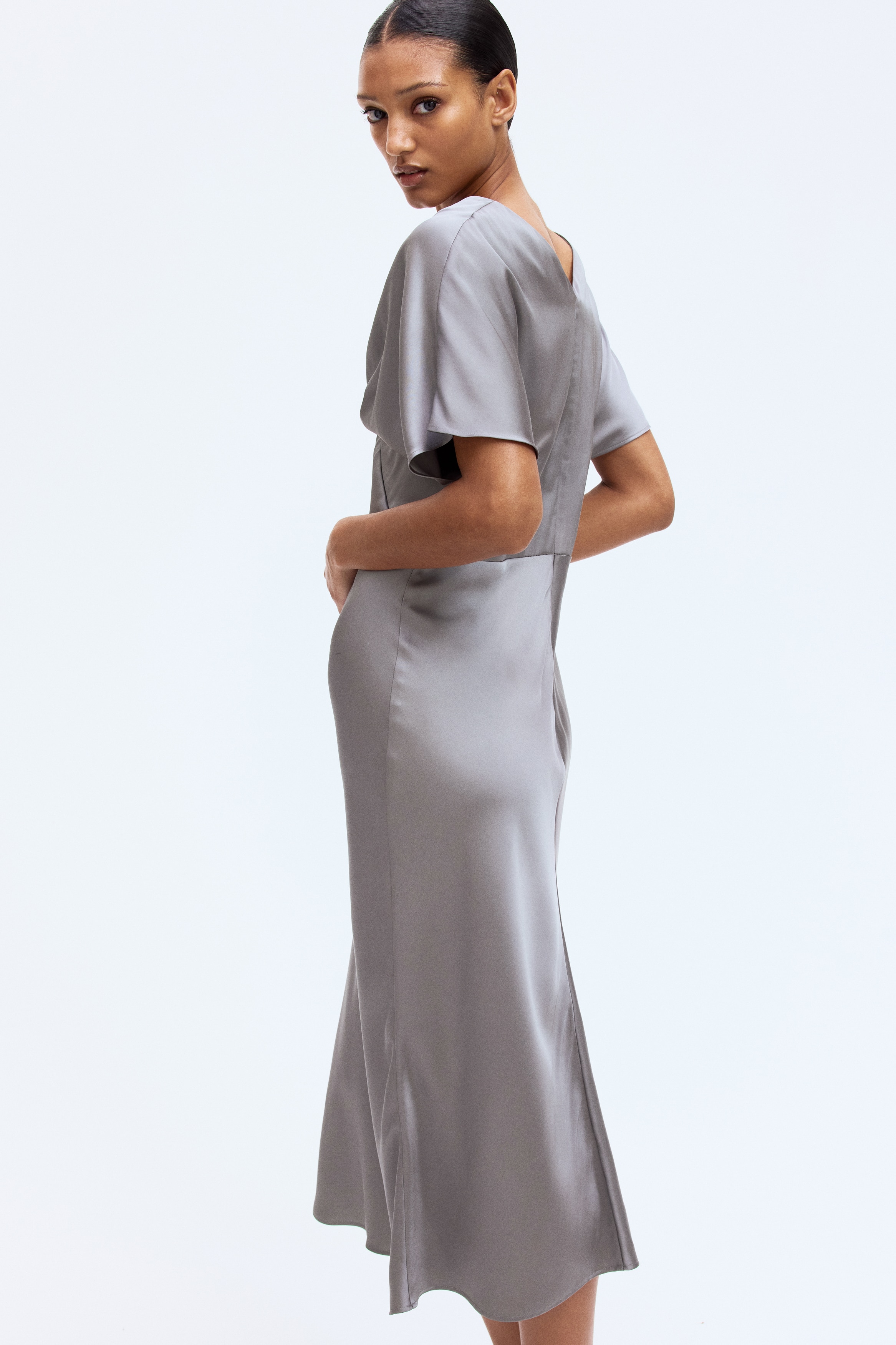V-Neck Satin Dress - Gray