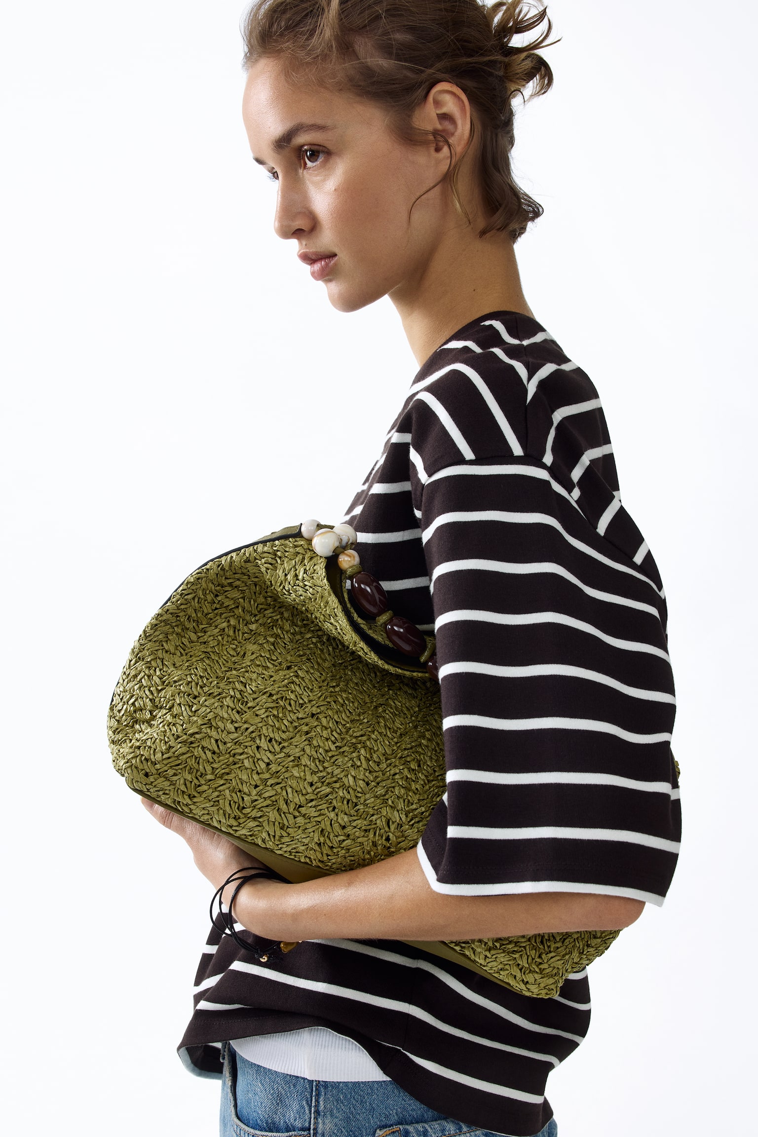 טישירט אוברסייז מכותנה - חום כהה/פסים/לבן/ורוד פסים/חום כהה/פסים - 1