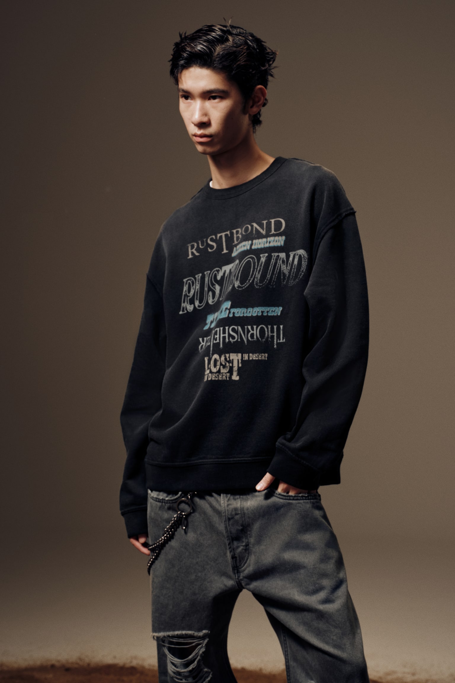 프린트 스웨트셔츠 루즈핏 - 다크 그레이/블랙 - 7