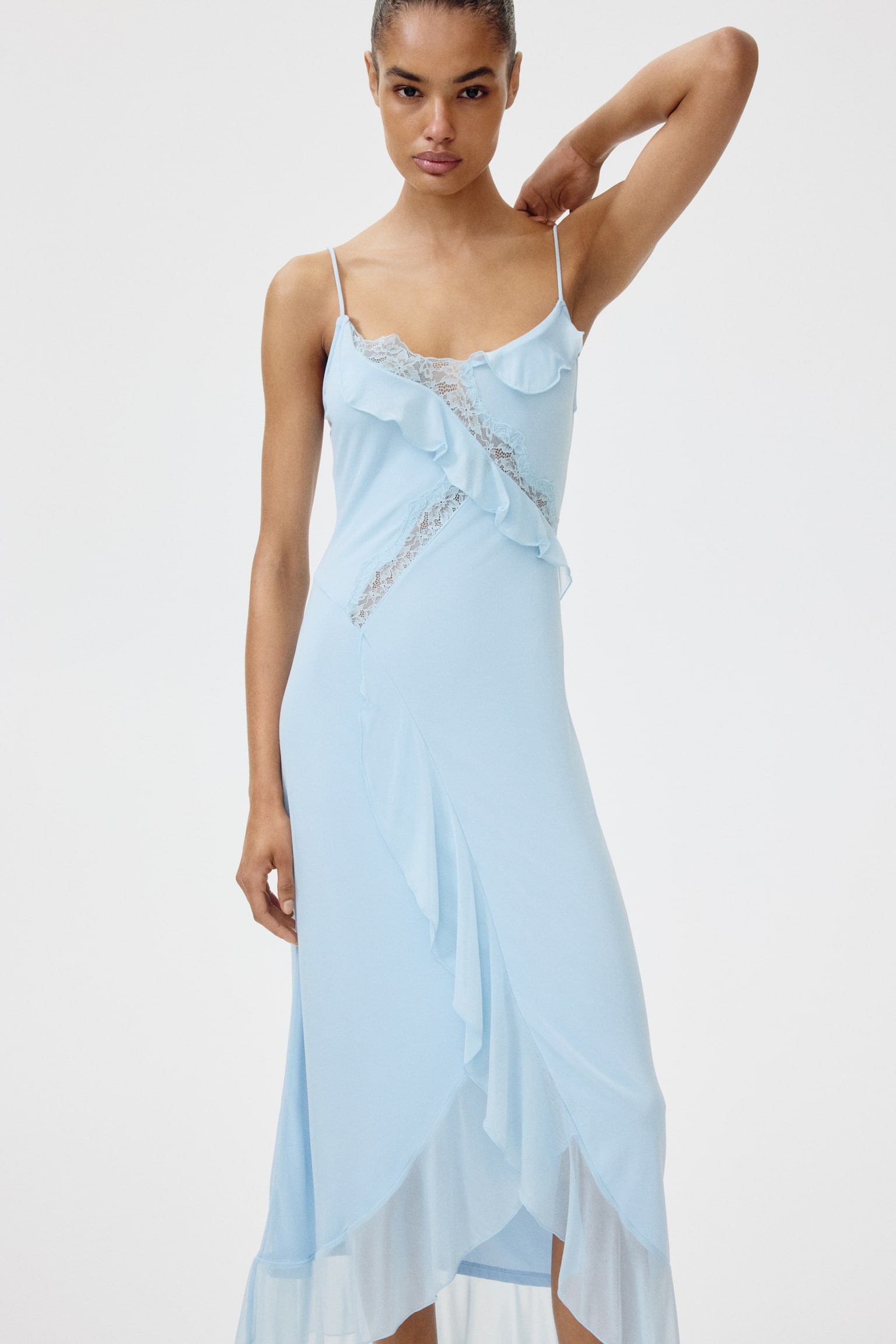 Lace-trimmed flounced dress - Light blue - 1