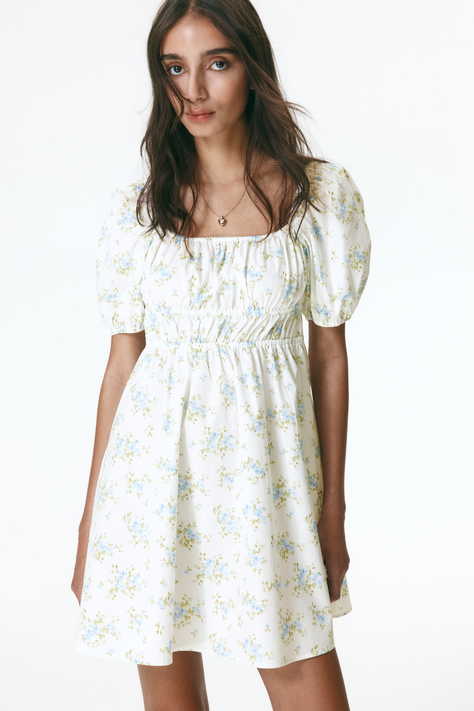 Vestido em popelina com mangas tufadas - Creme/Floral/Creme/Floral rosa/Azul claro - 5