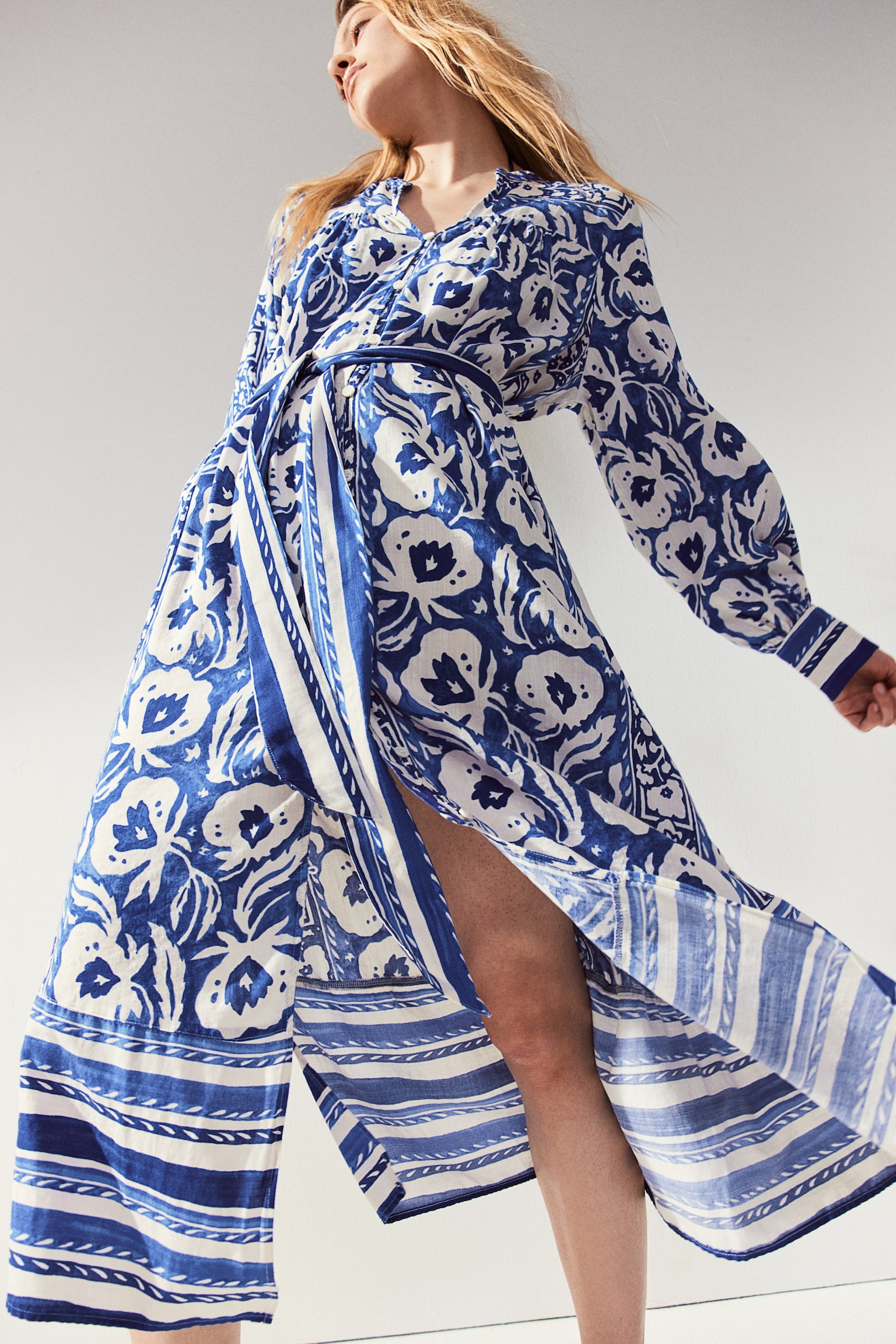 Tie-belt kaftan dress - Bright blue/White floral - 7