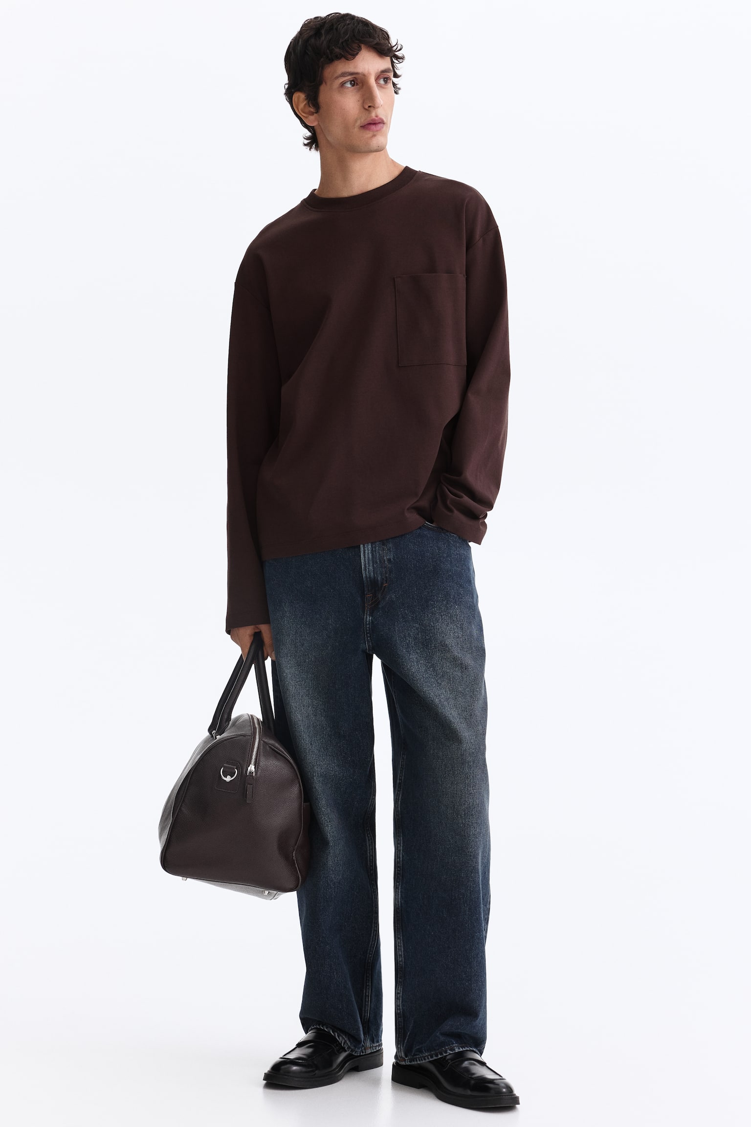 Loose Fit Long-sleeved jersey top - Dark brown/White/Black/White/Beige - 5