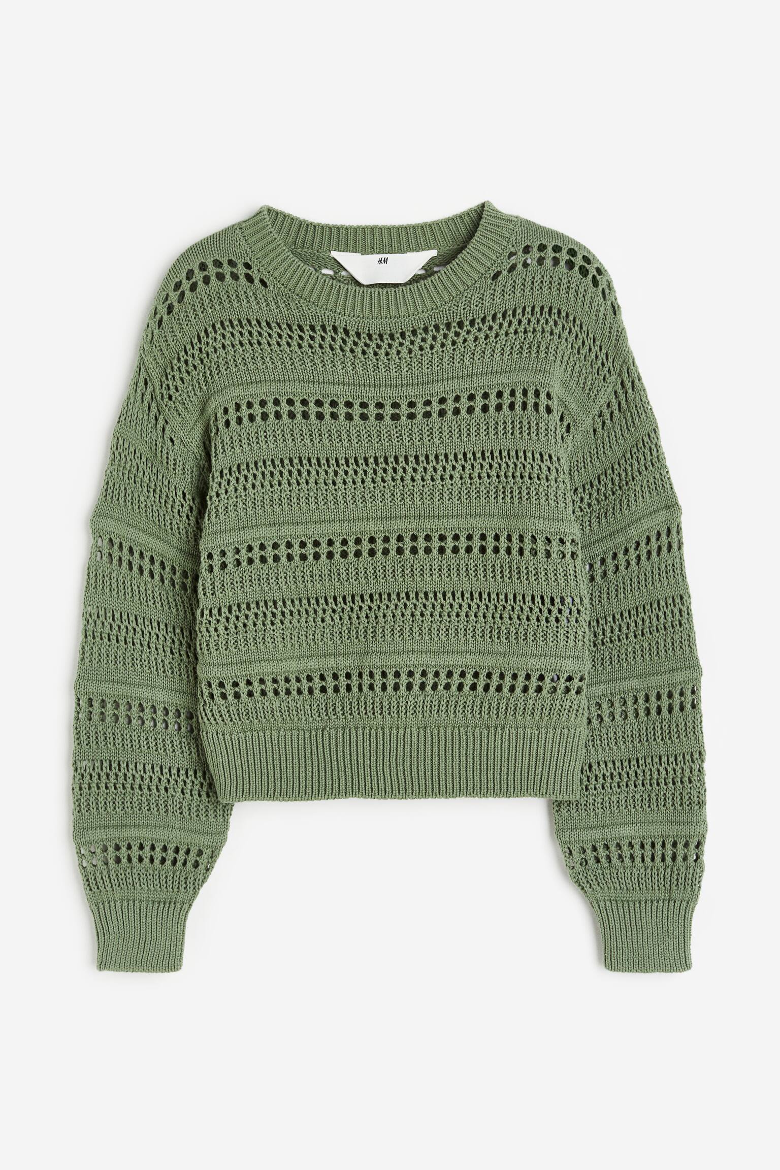 Crochet Look Sweater - Khaki green - 1