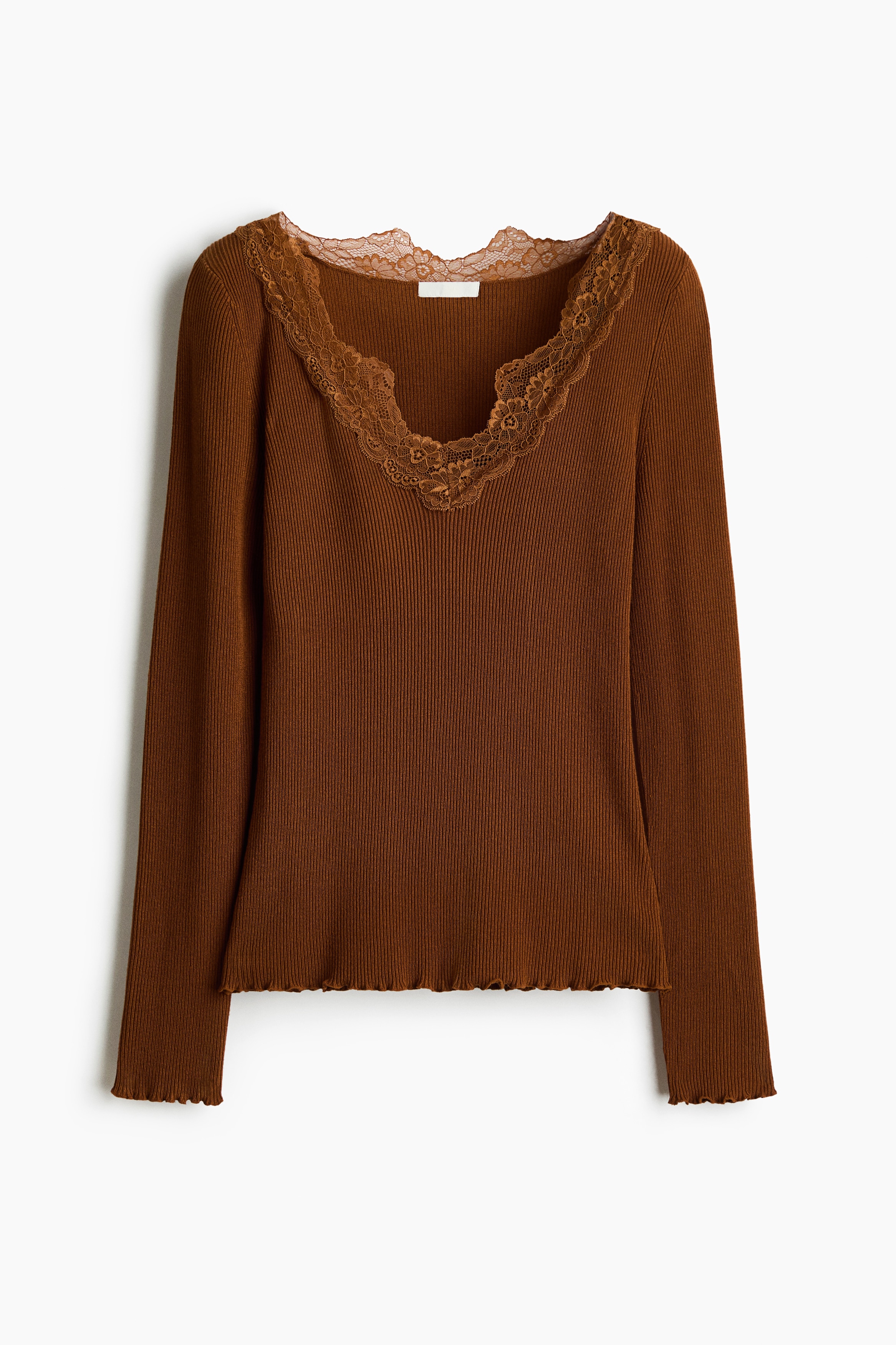 Lace Trim Rib Knit Top - Brown/Black