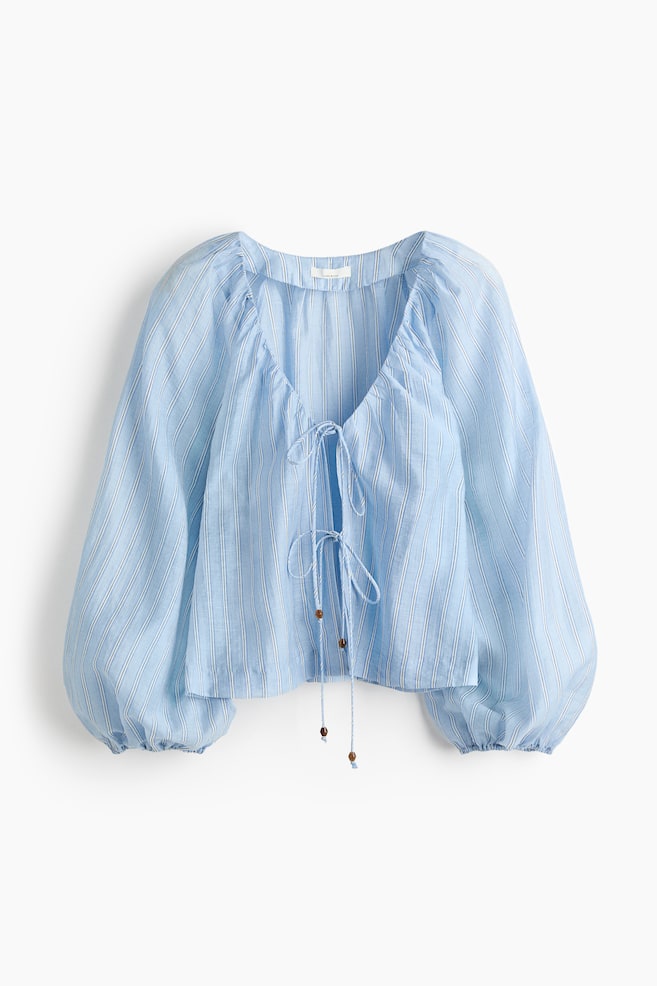Linen-blend tie-front blouse - Light blue/Striped - 1