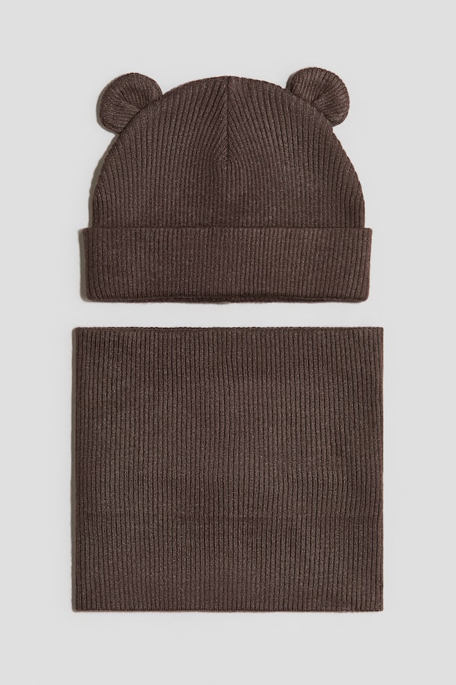 2-Piece Beanie and Scarf Set - Brown/Cream/Light pink - 1